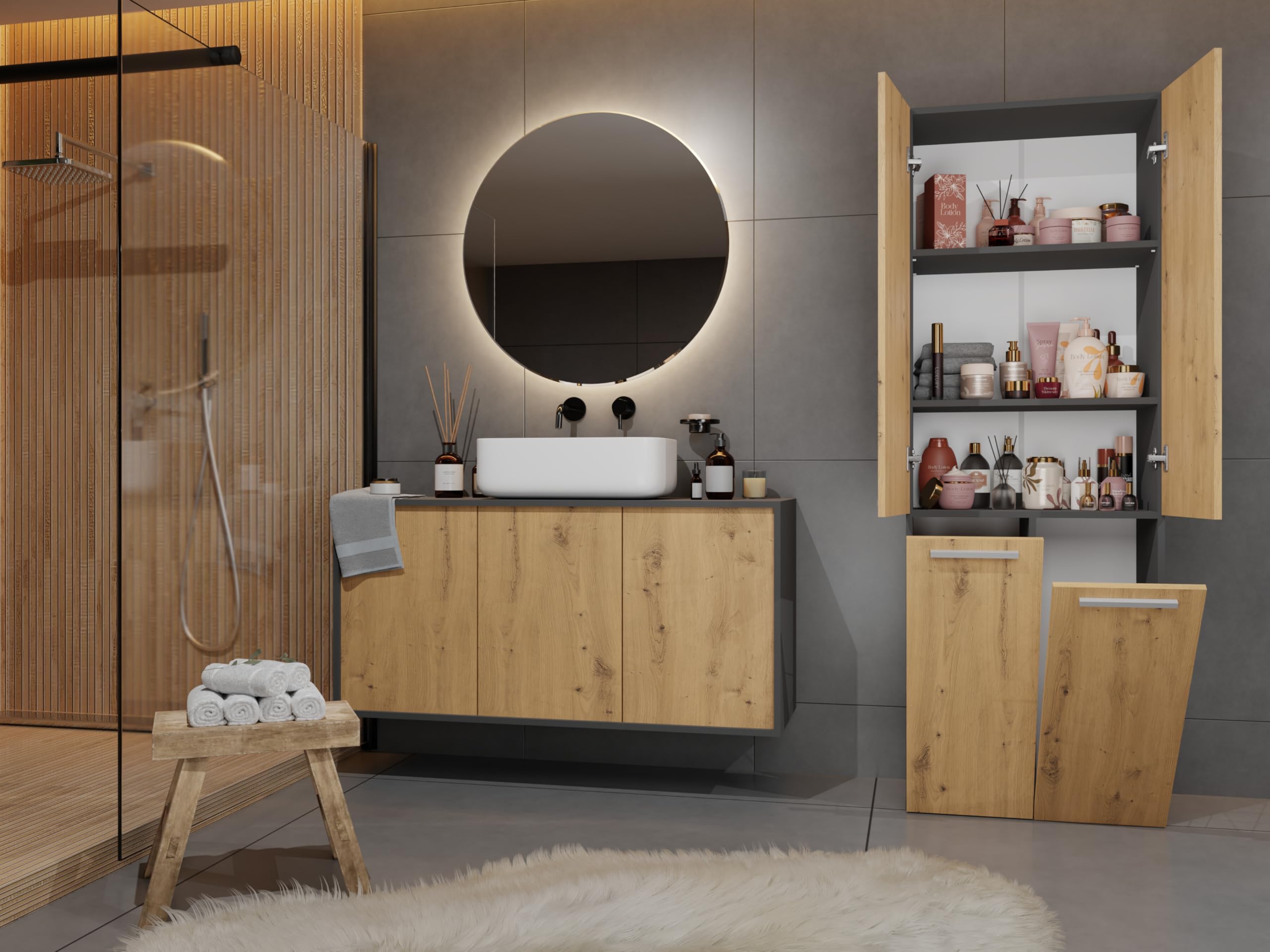 ARREDO DA CASA Armadio Bagno a Colonna con Cesto Portabiancheria, 3 Ante Battenti e Anta a Ribalta, Mobile Salvaspazio 60x174x30 cm, in Diversi Colori ABT1 (Rovere/antracite)