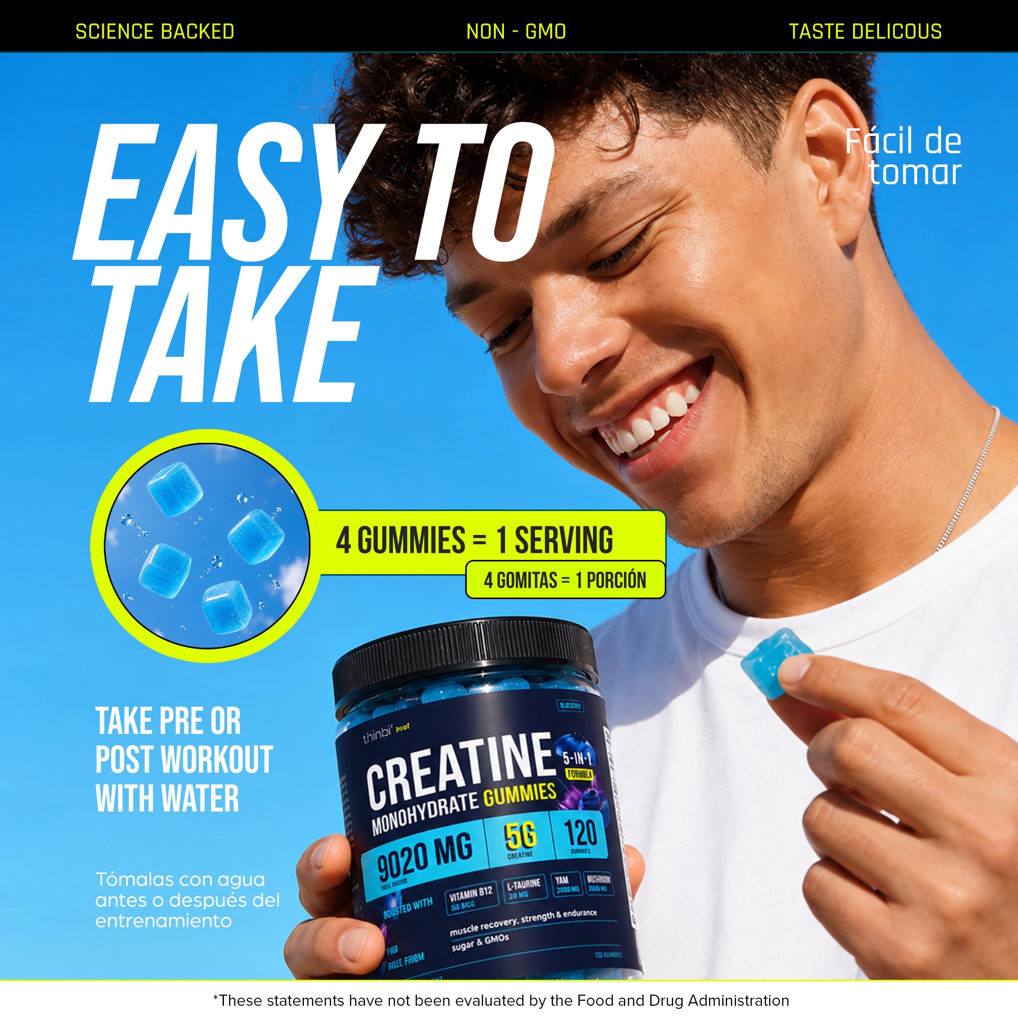 Thinbi Creatine Gummies for Women & Men, Monohydrate, Blueberry, 120 Count — Amazon image 6