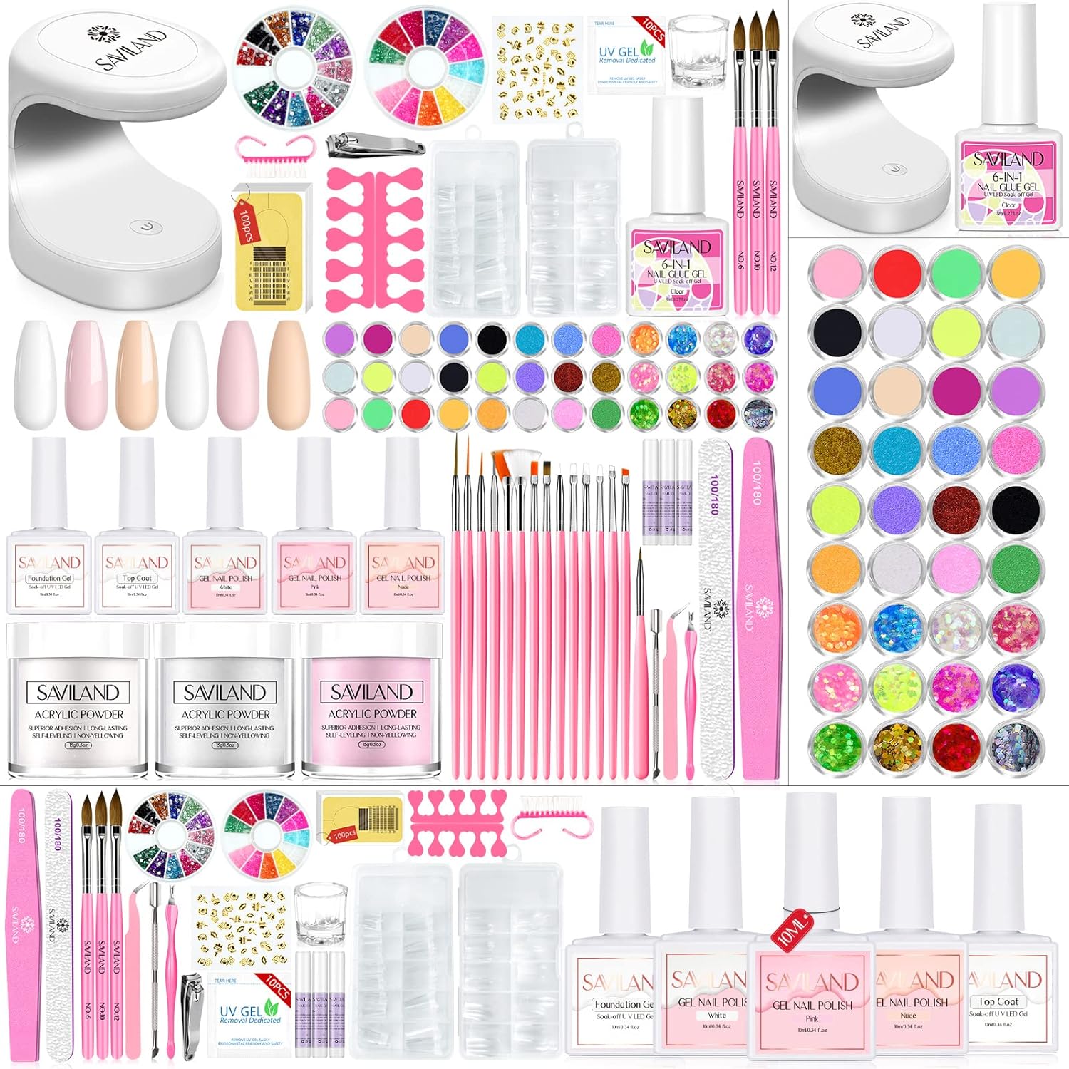 Saviland Acrylic Nail Kit Mini Nail Lamp Glitter Acrylic