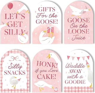 Big Dot of Happiness One Silly Goose Pink Party Signs with Stand Set, Welcome Table Sign Bundle for Cake, Food, Drinks, Cards & Gifts, Guestbook, and Favors, Girl 1st Birthday Party Table Decor, 6 Ct