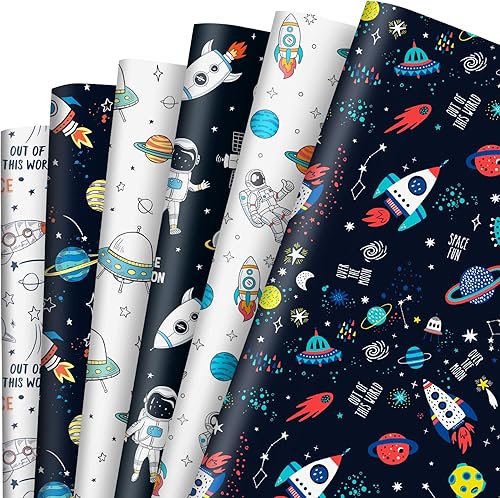 Whaline 12 hojas de papel de regalo para el espacio exterior, plegado, plano, astronauta, galaxia, nave espacial, papel de regalo blanco, negro,