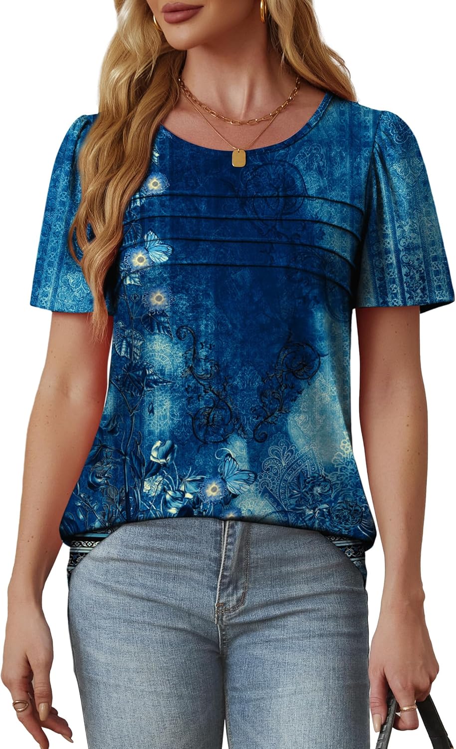 OFEEFAN Womens T Shirts Short Sleeve Tops Dressy Casual Blouses Spring Summer Outfits Flowy Pleated Front Scooped Neck - Image 3