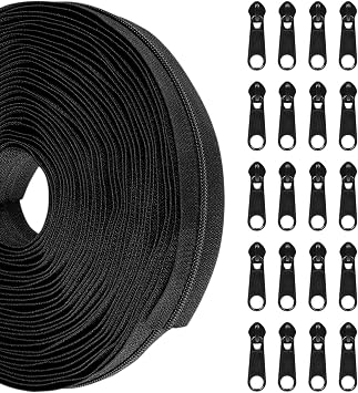 10 Yards Nylon Coil Zippers by The Yards, #5 Bulk Zippers with 20 Pcs Zipper Sliders, Zipper Replacement for DIY Sewing Craft Bags, Black
