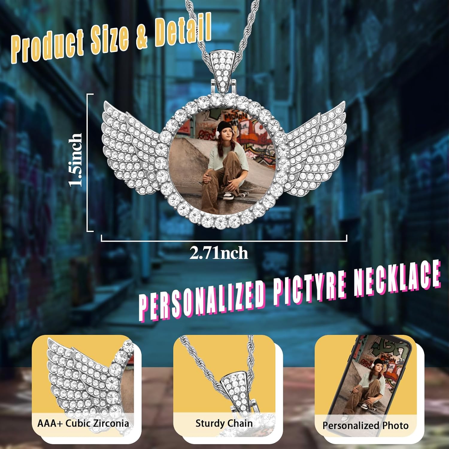 QYH Custom Circle Chain with Picture - Personalized Necklace Angel Wings Pendant Christmas Birthday Anniversary Memorial Gifts for Women Men Boyfriend - Image 2