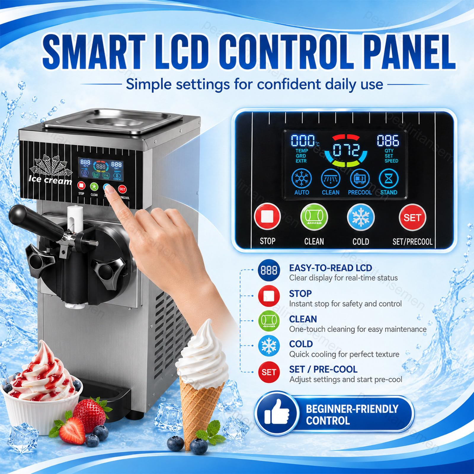 Macchina per Gelato Soft 450W, Gelatiera da Banco con Display LCD, Pre-Raffreddamento, Pulizia Automatica, Vasca 2,5L, Macchina Gelato Monogusto per Bar e Gelateria StainlessSteel
