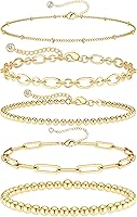 DEARMAY 14K Gold Plated Bracelets Set for Women - 6pc Waterproof Stackable Tennis Beaded Figaro Herringbone Paperclip Jewelry Gifts