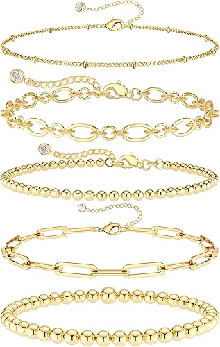 DEARMAY Juego de pulseras de oro para mujer, a la moda, delicadas, chapadas en oro real de 14 quilates, apilables