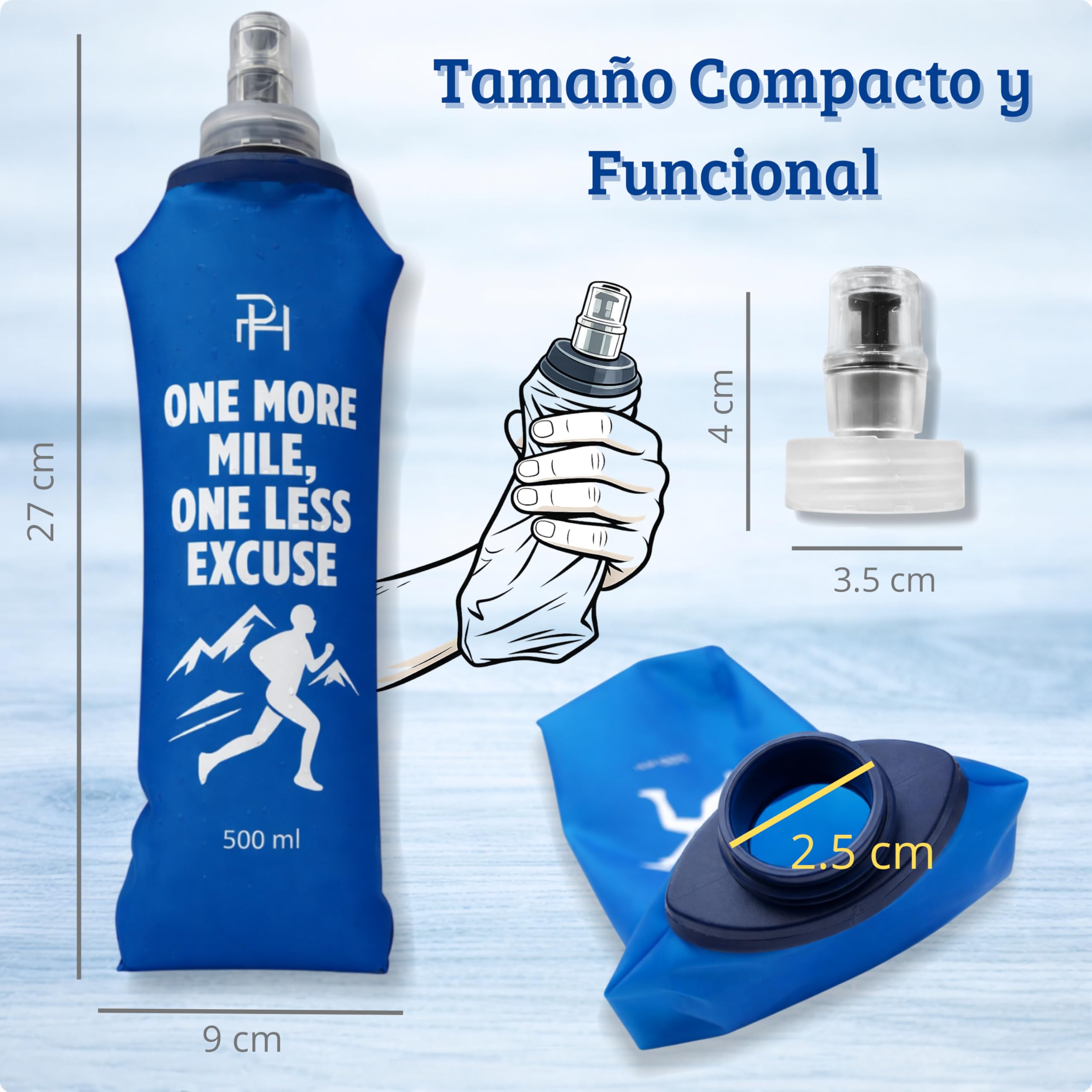 Ph Pro Heat Soft Flask | 2 Botellas Plegables de Agua para Running | Bolsa de Hidratacion de 500ml Flexible | Accesorio para Senderismo, Trail Running(2 AZUL - 500 ML)
