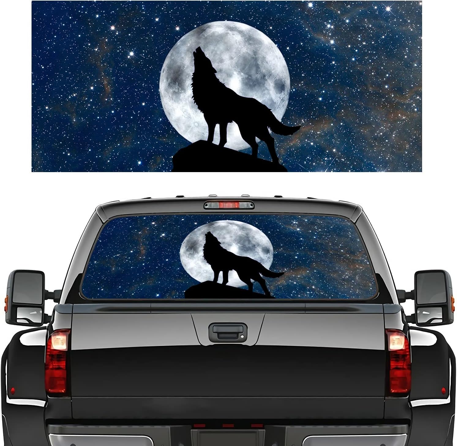 Rear Window Graphic Decal for Trucks, SUV, Cars - Universal Starry Sky Wolf Perforated Vinyl Window Film - Pickup Truck Back Window Stickers