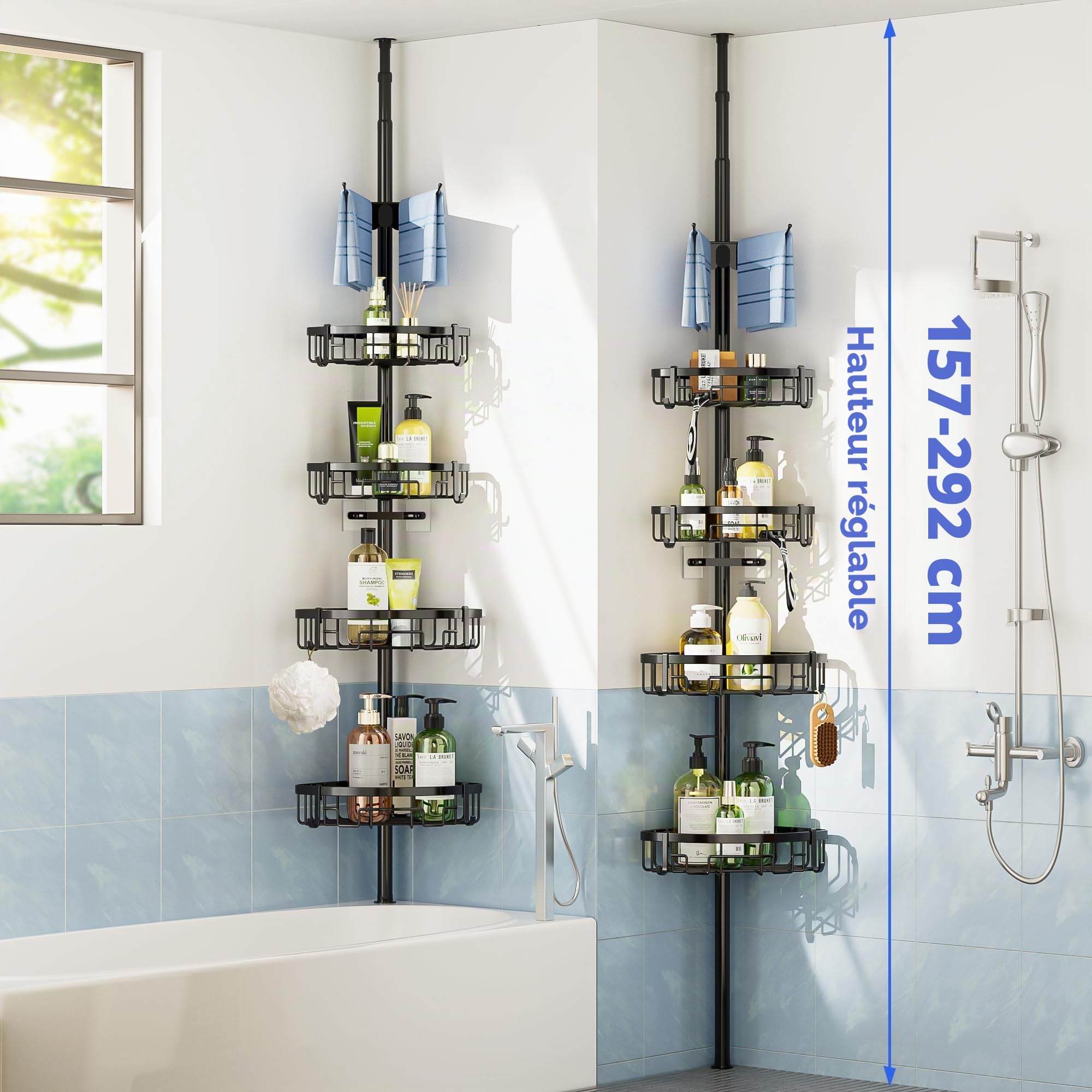 Bomclap Étagère de douche télescopique en métal avec 4 paniers et 1 porte-serviettes, étagère de douche sans perçage pour salle de bain et baignoire, hauteur réglable de 157 à 292 cm, noire