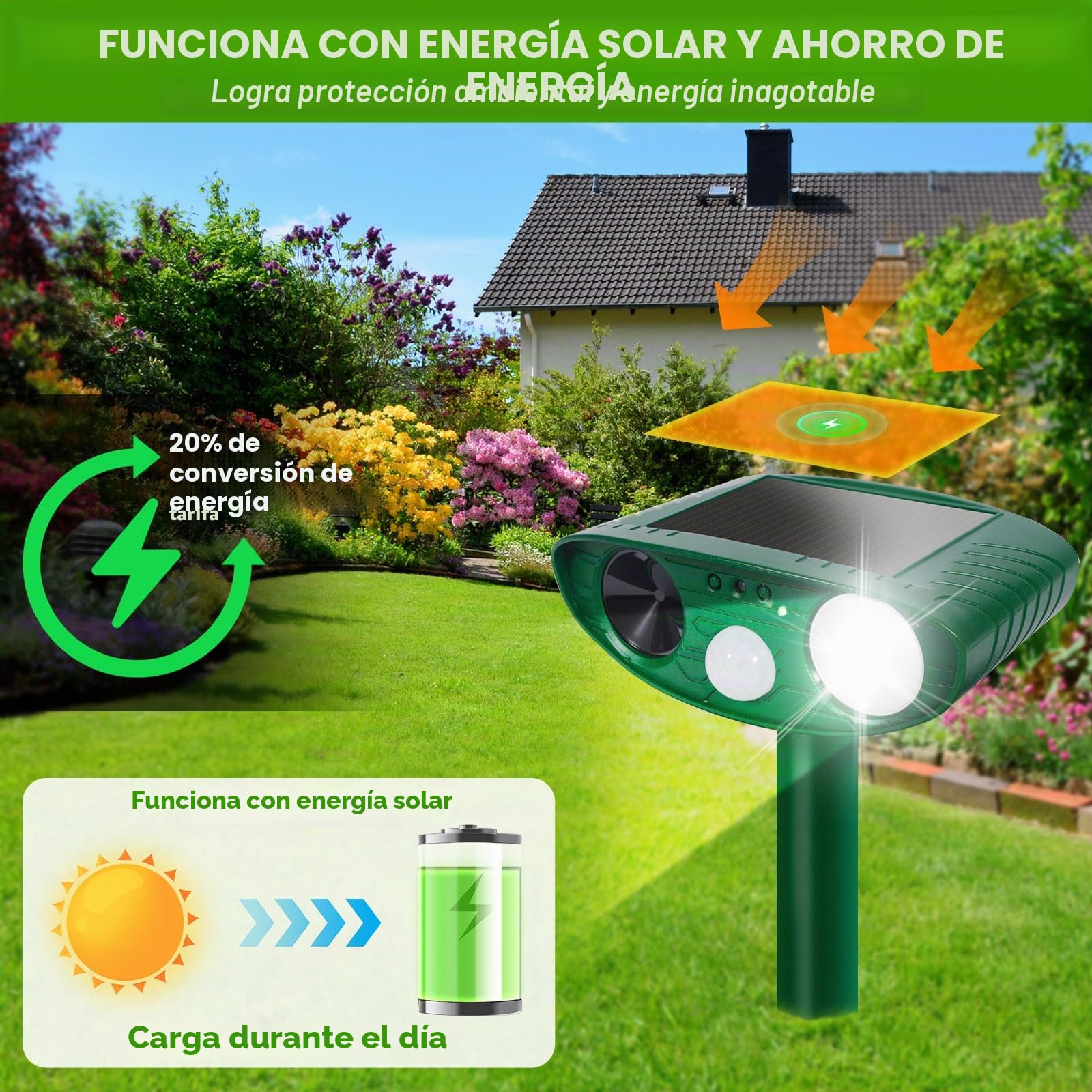Ahuyentador de Gatos Exterior, Ultrasónico Repelente de Zorros Solar con Luz LED, 8m 120° IPX4 Impermeable Aullentador de Animales para Gatos Zorros Martas Mapaches Perros