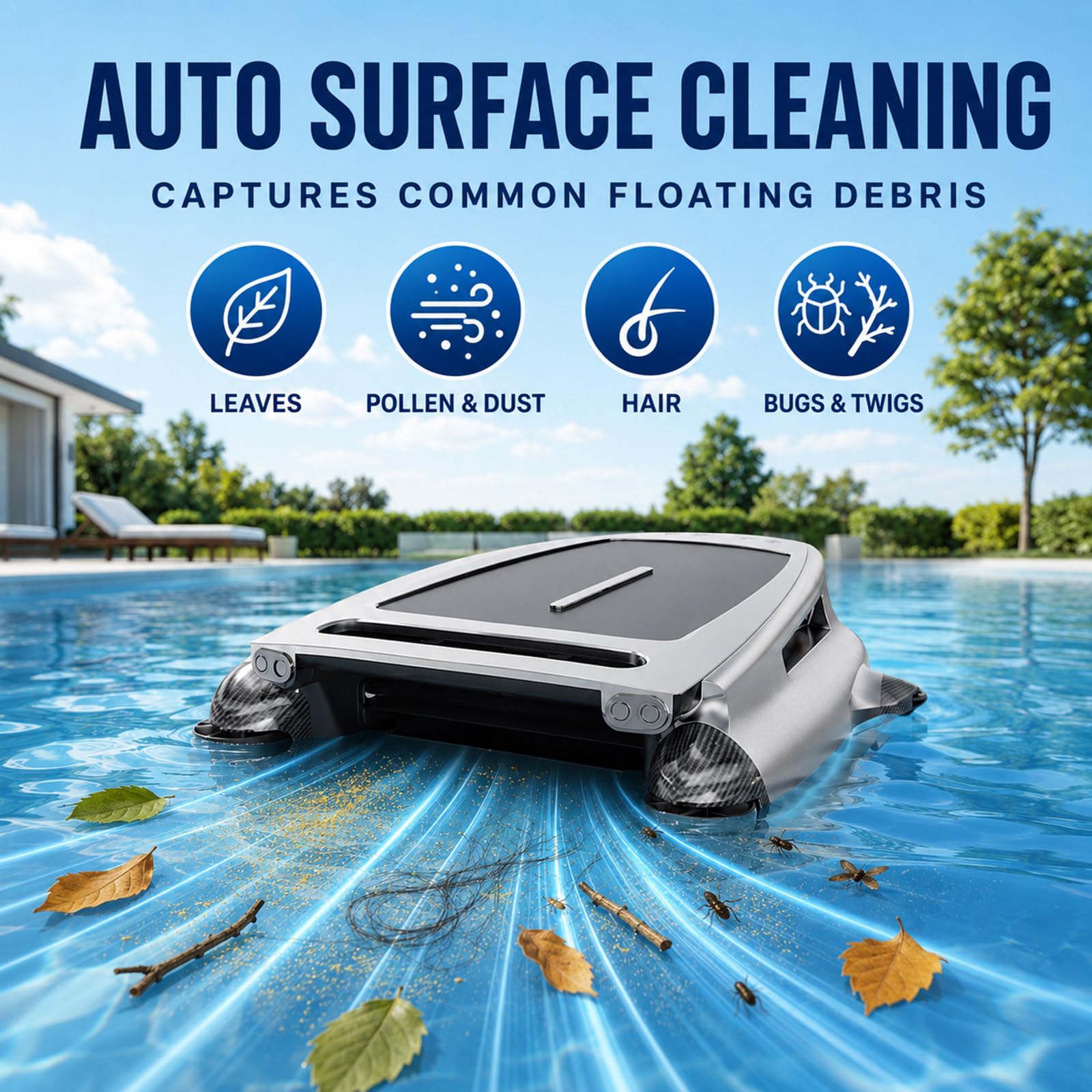 Doble Carga Robot Skimmer Piscina Solar, Limpiador de Superficie con App, Mando a Distancia, Evitación de Obstáculos, Filtro 450 μm para Hojas y Polen Blue
