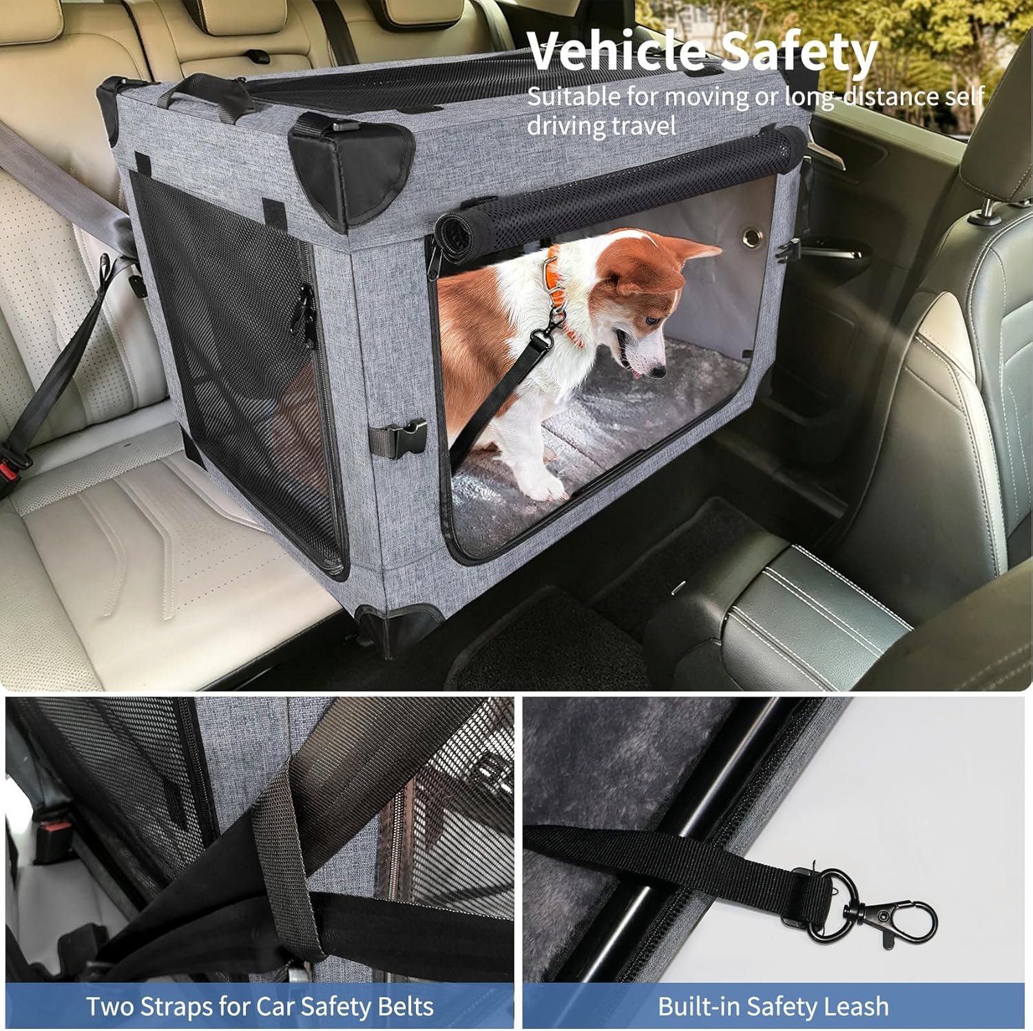 NEZUC Soft Collapsible Dog Crate - 36 Inch Portable Soft Sided Travel Dog Crates for Large Dogs, 4-Door Foldable Dog Carrier, Pet Kennel Indoor & Outdoor (Gray, 36.0" L x 22.0" W x 22.0" H)