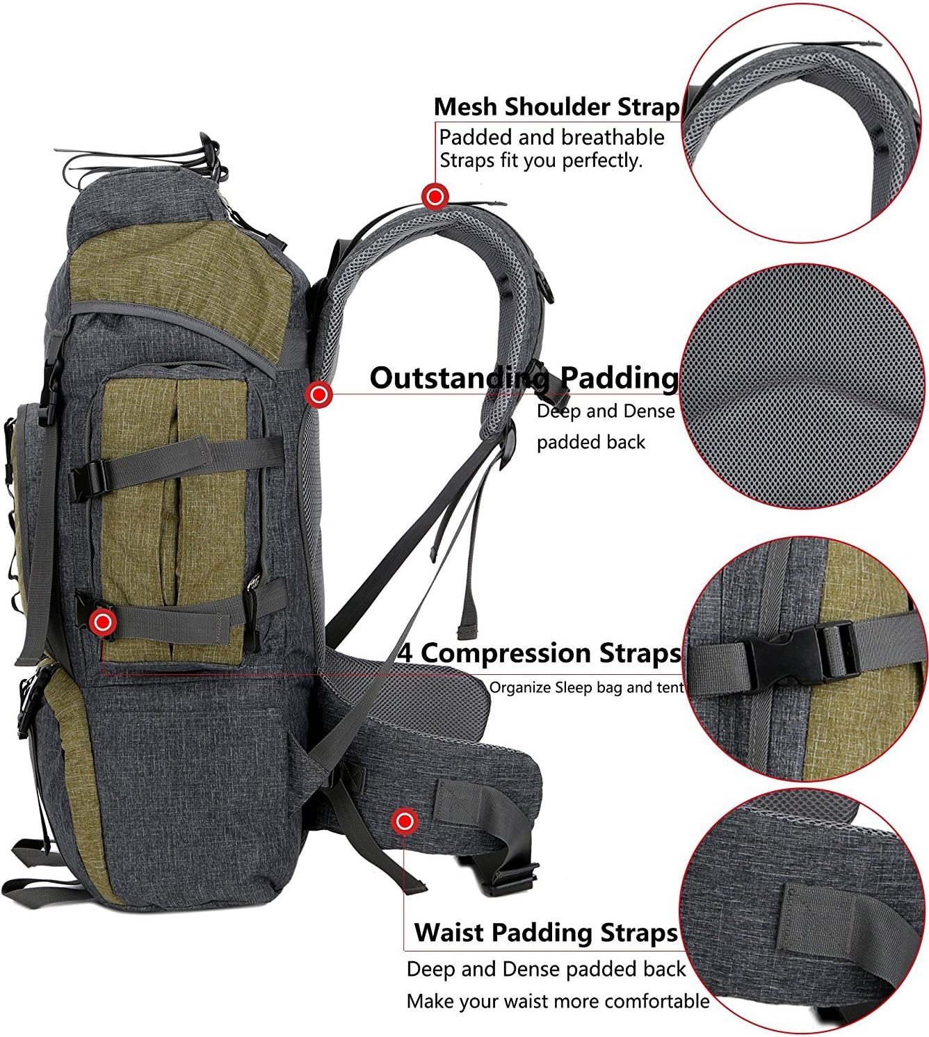 UNISTRENGH 55L Hunting Backpacks Internal Frame Hiking Backpacking Lightweight Water Resistant Travel Daypack with Rain Cover (Army Green)