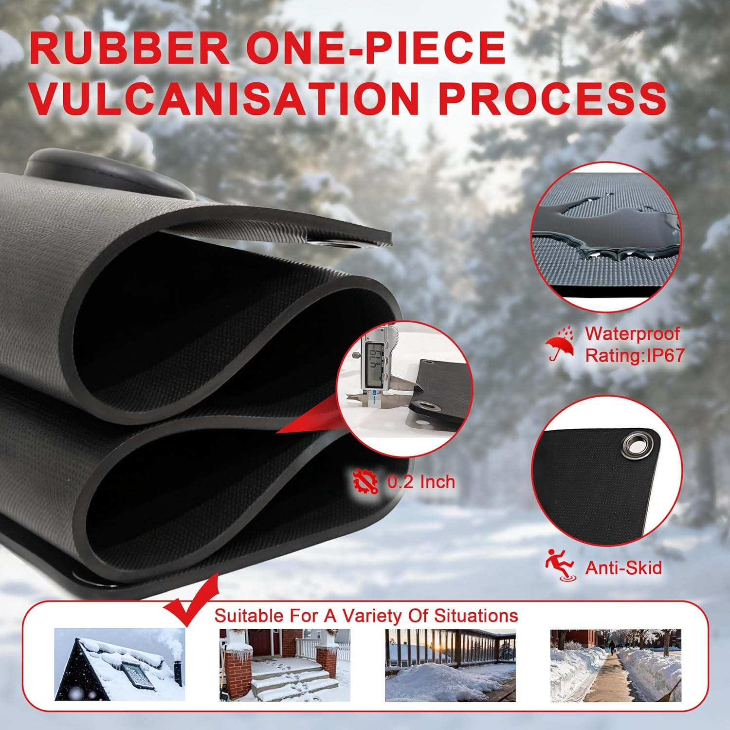 Heated Snow Melting Mats, 10x30 in No-Slip Rubber Outdoor Mat, Ice Melt Pads for Walkways, Decks, Stairs, Doorways, Driveway, Backyards & Roof Valley Ice Dam Prevention (10” x 30")