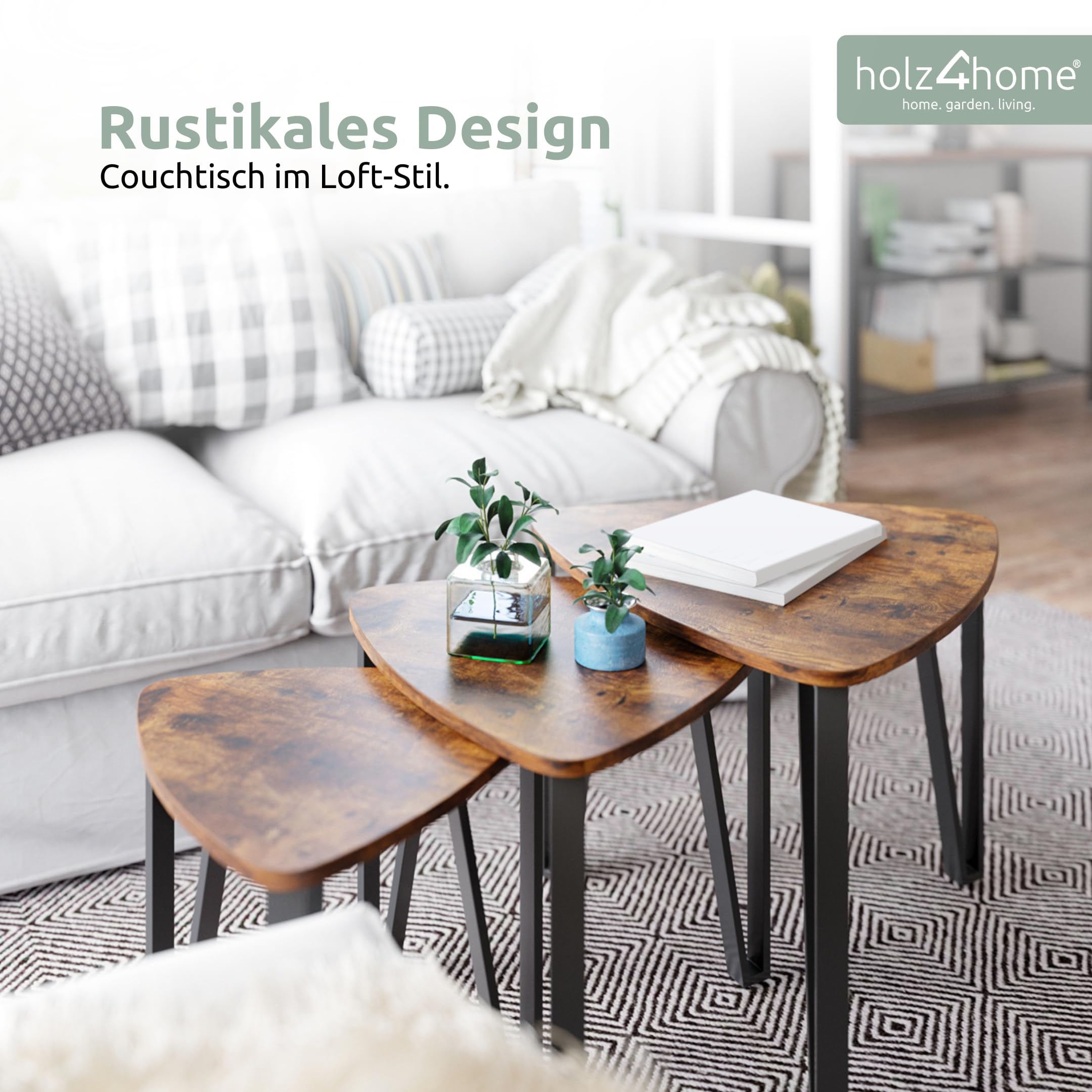 holz4home® Beistelltisch Radon im 3er Set I Industrial-Look Braun I Wohnzimmertisch I Modernes Beistelltisch Set I DREI Ablagen I Vintagetisch Teetisch Vintage Sofatisch Fernsehtisch