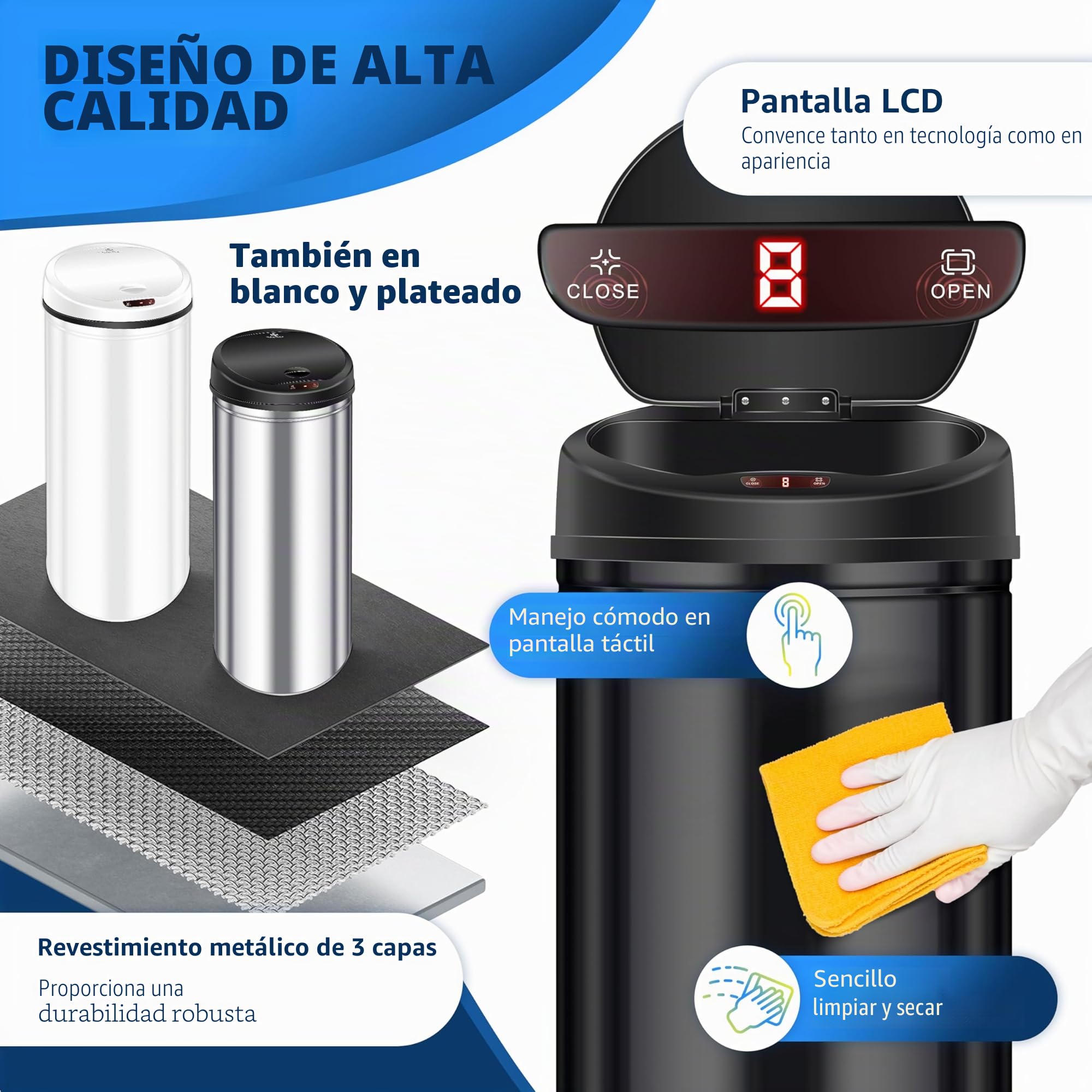 KESSER® Cubo de basura con sensor ✓ Automático ✓ Papelera de basura ✓ Basura | ACERO INOXIDABLE | Color: NEGRO | Tamaño: 30 L