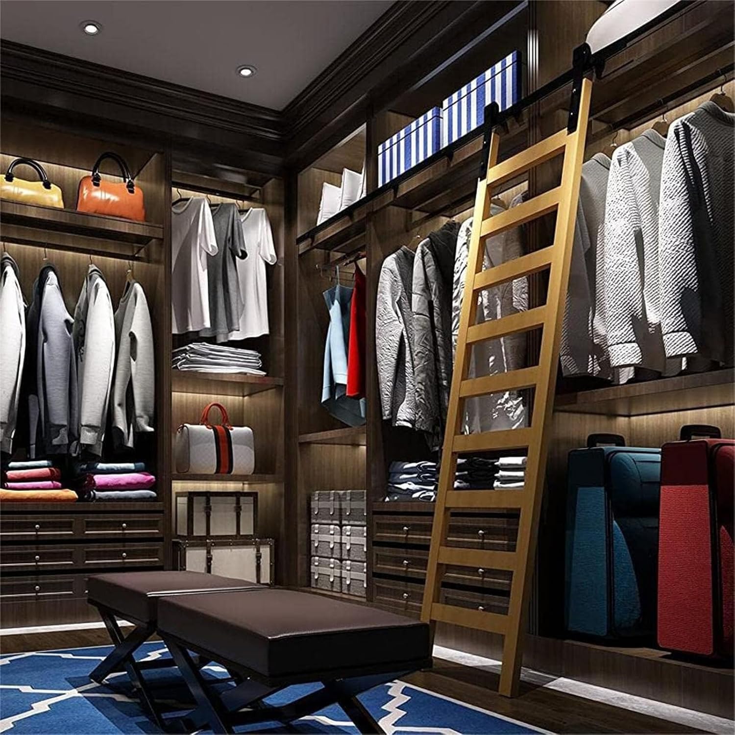 Library Ladder Sliding Hardware Rolling Track Kit,Rustic Black Carbon Steel Sliding Rail Hardware for Home/Indoor/Loft/Library Ladder/16.4Ft/5M Track Kit,13.1Ft/4M Track Kit