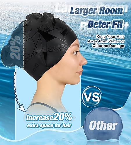 Miniatura 9 de Aegend - Gorros de natación para cabello largo (2 unidades), gorras de natación de silicona duradera para mujeres, hombres, adultos, jóvenes, niños,