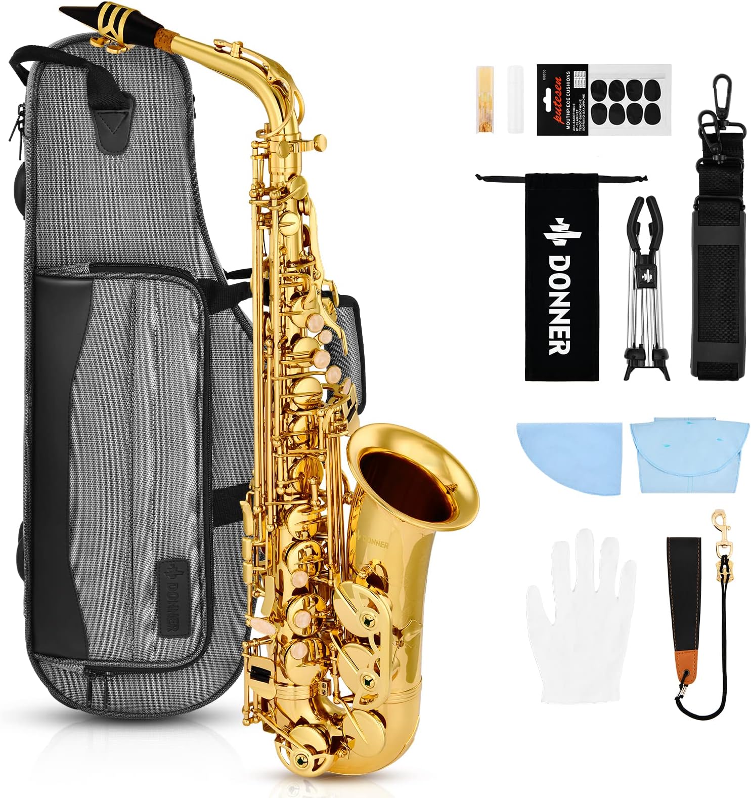 Donner Alto Saxophone DAX-21, Gold Lacquer E Flat Sax with Full Kit Travel Bag, Foldable Stand and Cleanning Kit, for Beginner/Students, Brass Engraving and Gorgeous Sound