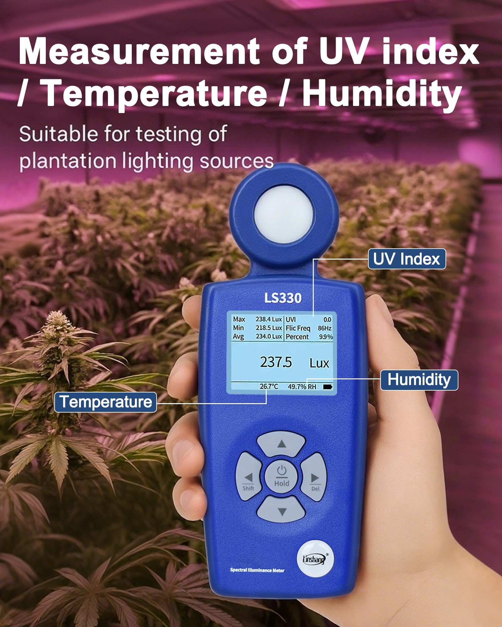 Lichtmessgerät Luxmeter, 0-1,000,000 Lux, CCT/CRI/UV/PPFD/μmol, Spektrales Beleuchtungsstärkemessgerät, Photometer, hohe Präzision, Farbtemperatur, Lumenmessgerät, PAR Meter LS330 für Pflanzen