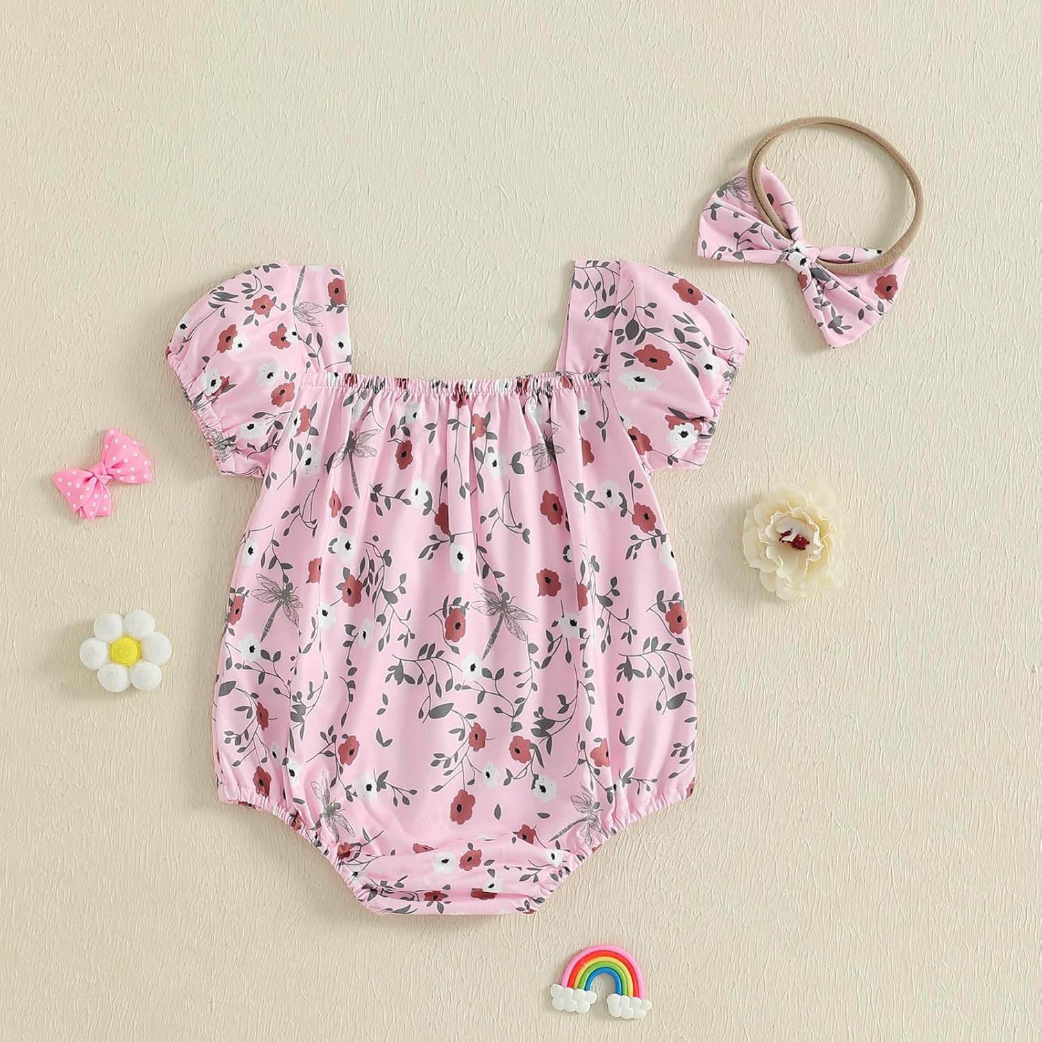 Newborn Baby Girl Summer Clothes Floral Short Sleeve Smocked Bubble Rmper Jumpsuit Bodysuit Boho One Piece Clothes - Image 5