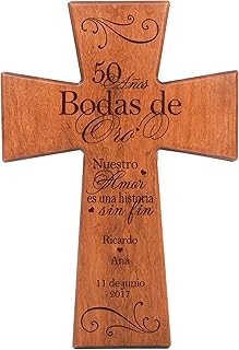 LifeSong Milestones Personalized Spanish Wedding 50th Idea for Him Her Bride Groom Husband Wife Couple Decorative Wooden Wall Cross Keepsake (Cherry)