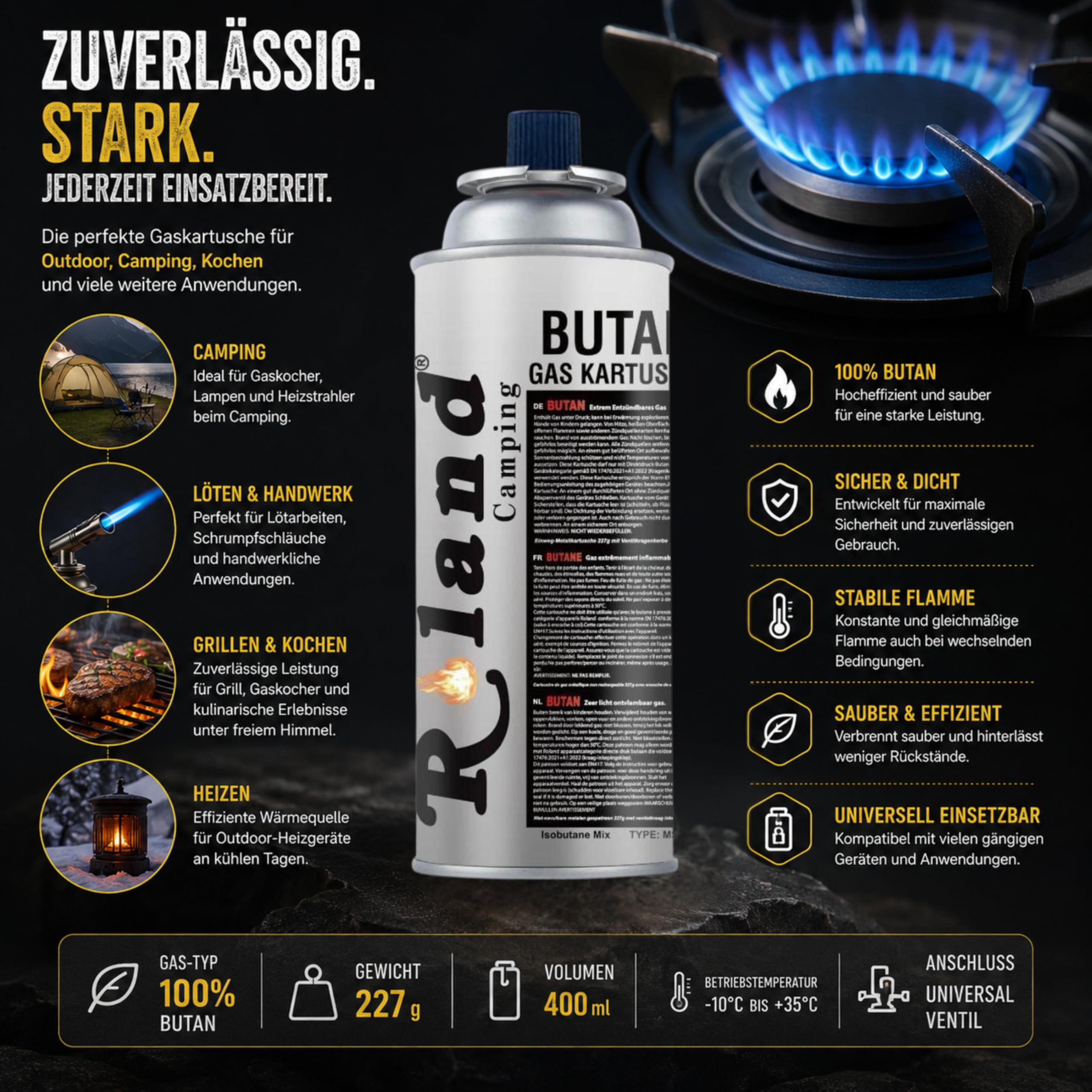 Roland Camping Butan Gaskartusche 227g – 28 Stück Gaskartuschen für Schweißbrenner Gaskocher, Lötbrenner & Heizung – Premium Qualität Butangas mit oder ohne Gasbrenner (28 Stück)