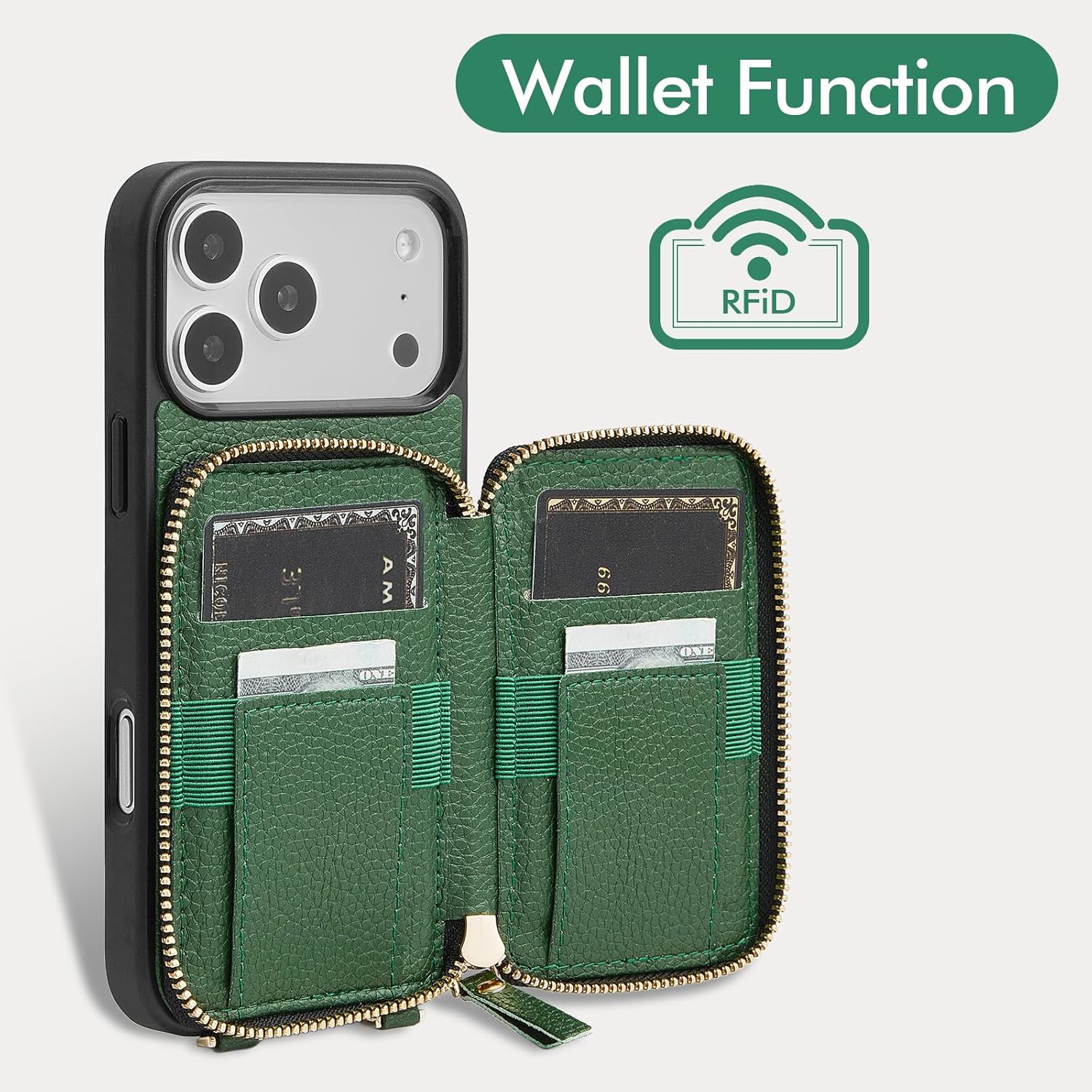 ZVE for iPhone 17 Pro Wallet Case with Card Holder, Crossbody Zipper Leather Phone Cover for Women 6.3" Dark Green - Image 2