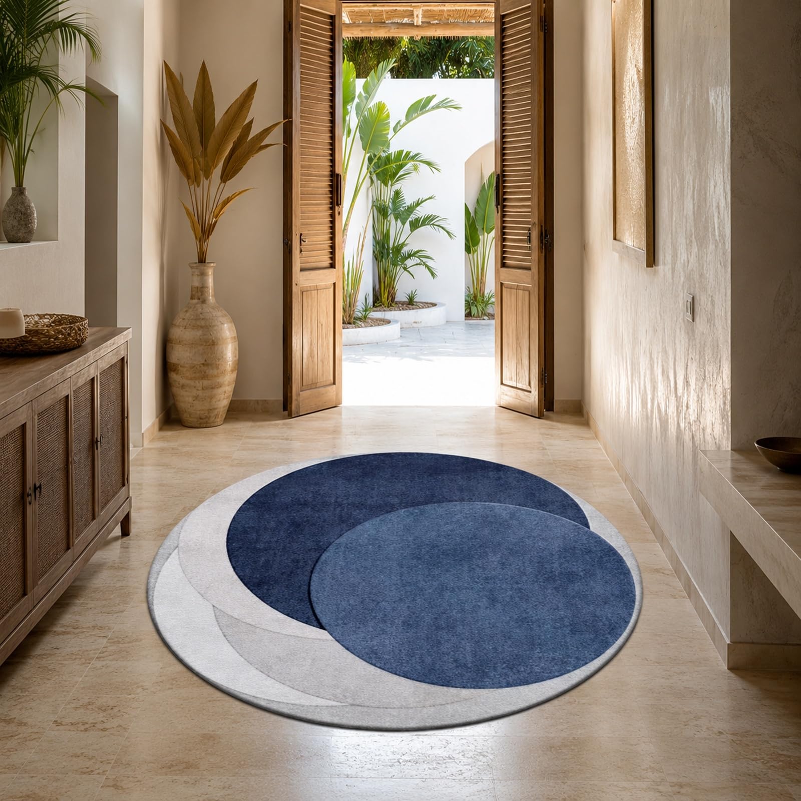 Tapis rond géométrique bleu et blanc 180 cm ultra doux au toucher