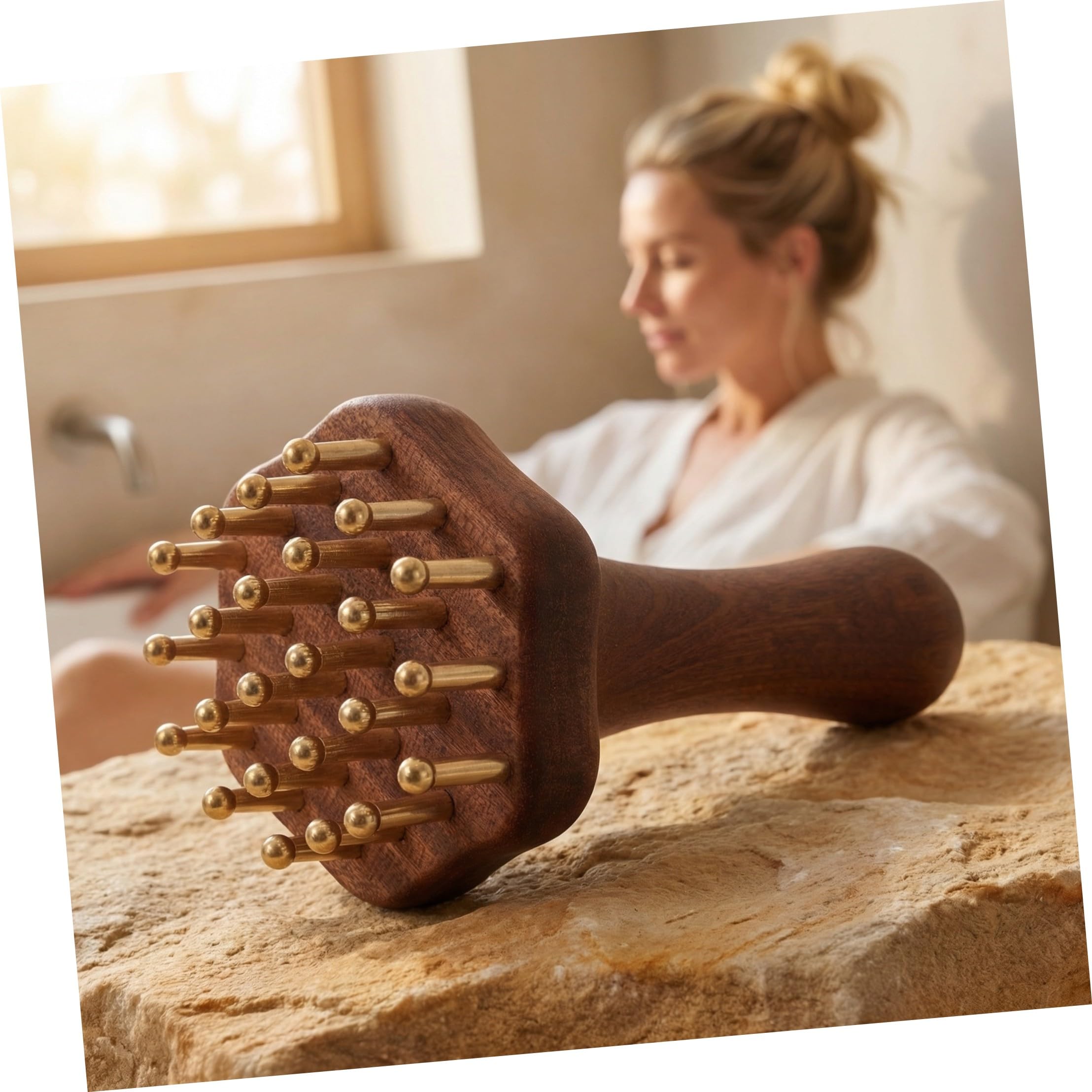 CALLARON Cepillo ergonómico de latón y madera con 24 dientes para masaje abdominal y cuidado de cuello, adecuado para spa en casa, pack doble