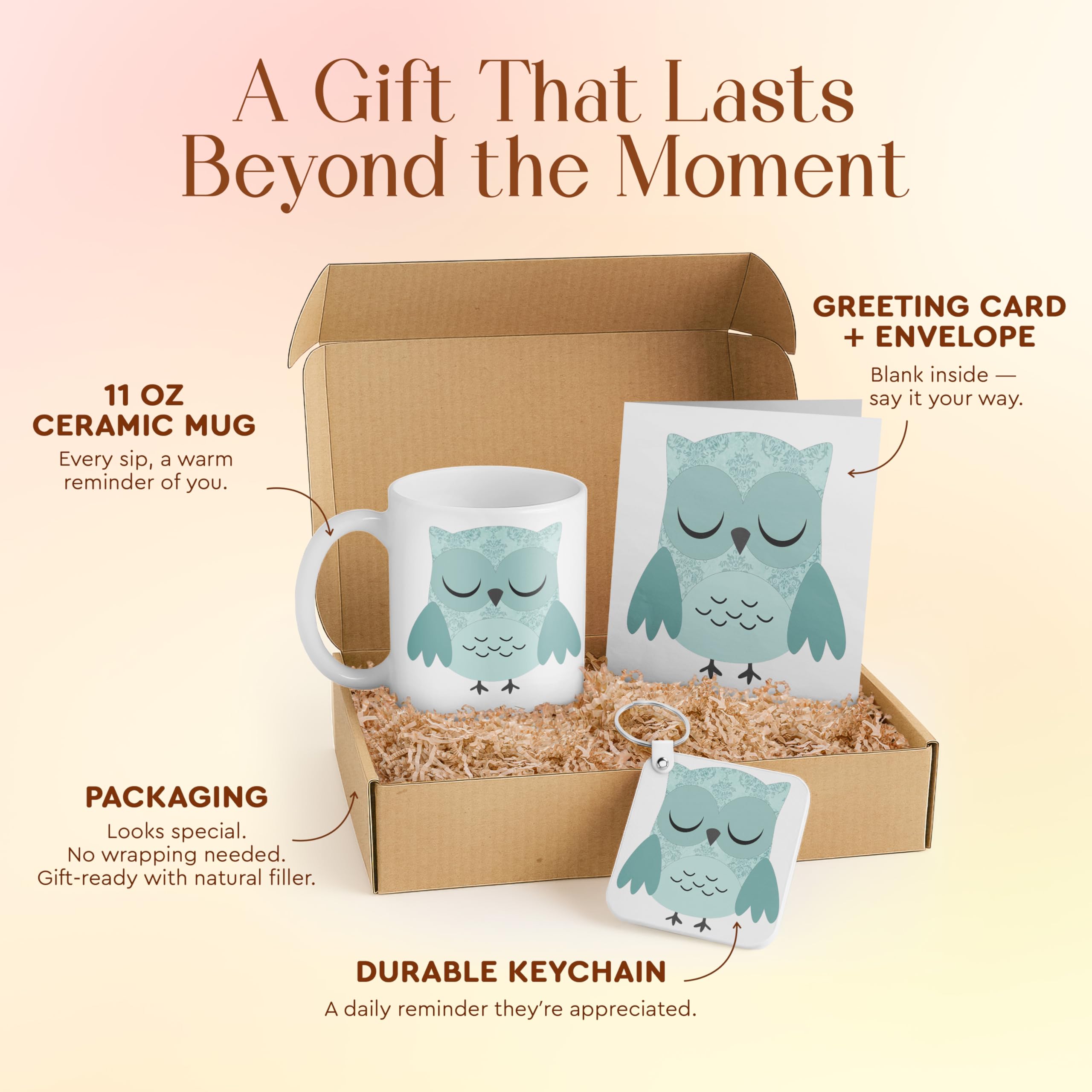 3dRose Cute Owl Gift Set for Kids - Mug, Card, and Keychain - Adorable Blue Owl Design - Perfect for Birthdays and Animal Lovers