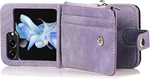 Miniatura 6 de Fundas para Galaxy Z Flip 5 Funda tipo cartera con tarjetero retro 2 en 1 con cremallera desmontable Flip Wallet Kickstand PU Funda protectora de