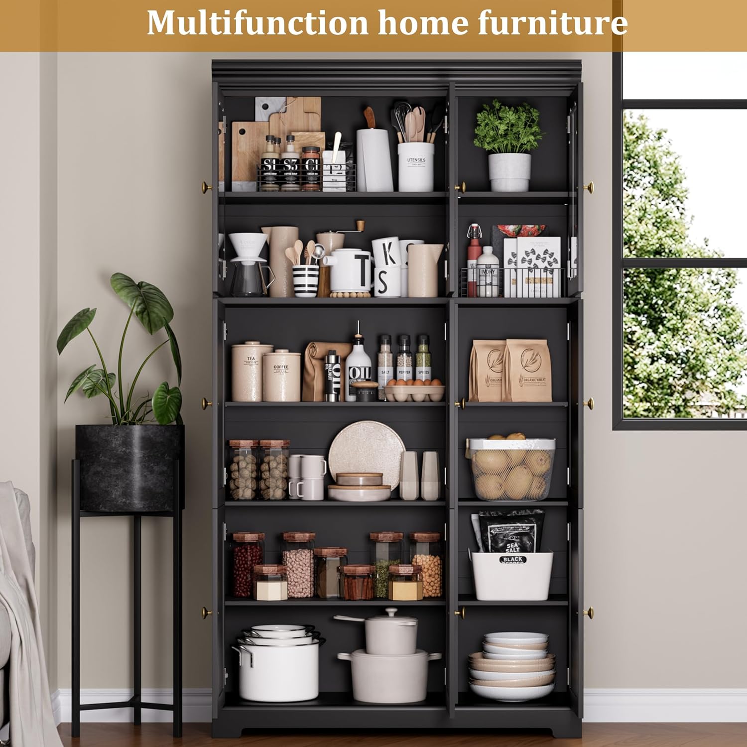 Keyluv 71" Tall Bookshelf and Bookcase with Glass Door, 6-Tier Large Book Shelf with Storage Cabinet, Floor Standing Cabinet Bookshelves with Adjustable Shelves for Home Office/Living Room, Black