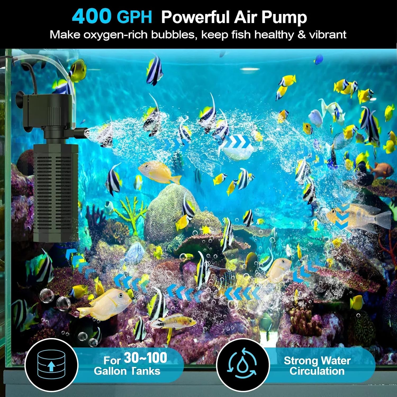 Aquarium Internal Filter for 30-100 Gallons, Ultra-Quiet Fish Tank Filters Biochemical Filtration 400GPH Powerful Pump & Filter Submersible Aquarium Filter Tank Clear Air Supply (18W)