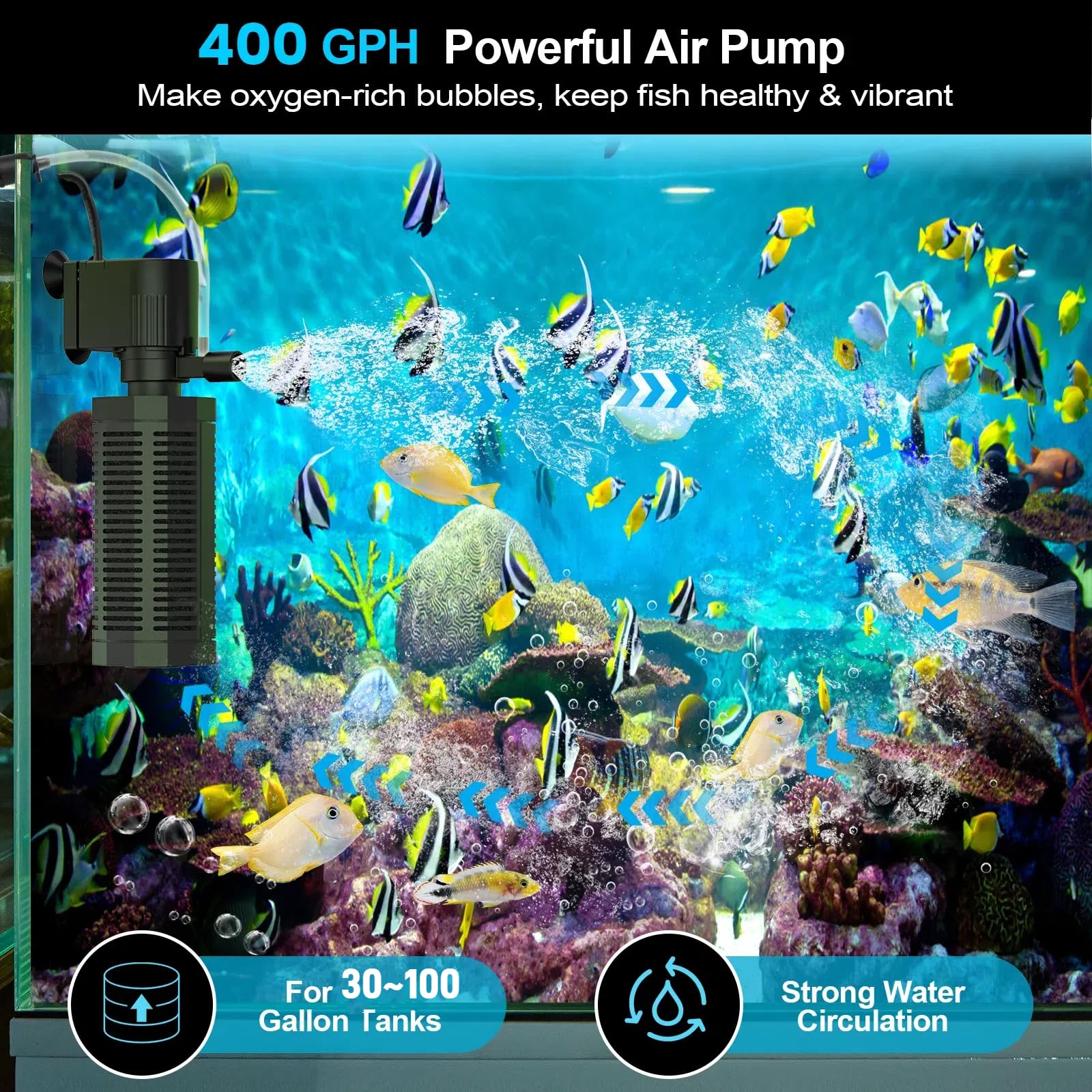 Filtro interno de acuario de 55 a 120 galones, filtro ultra silencioso para peceras, filtración bioquímica de 400 GPH, potente bomba sumergible, suministro de tanque de filtro de acuario