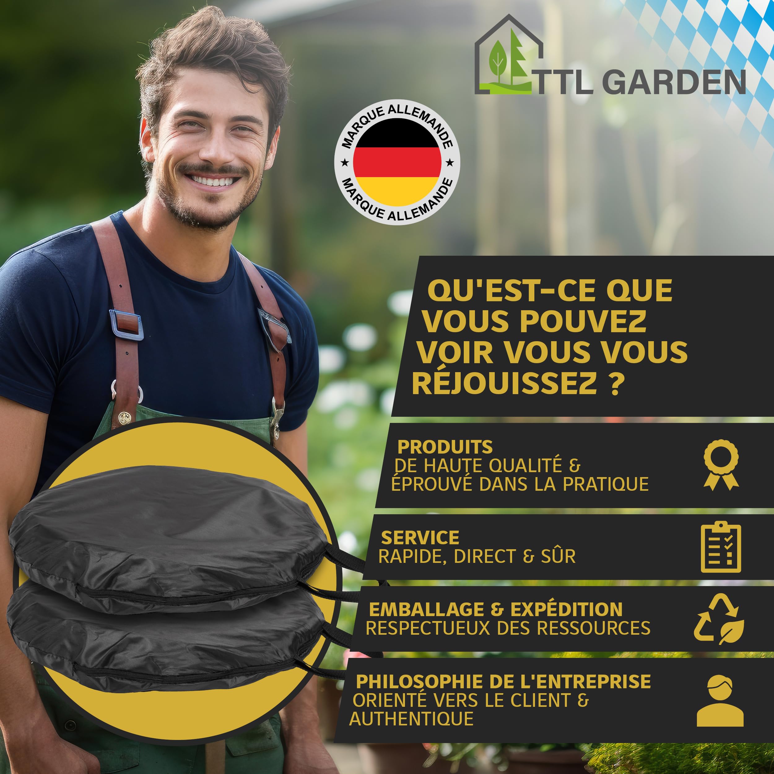 TTL Garden Black Supererior Lot de 2 sacs de jardin Pop Up 170 l Double fond 260 g/m² Extra stables Oxford 600D 170 l Pliable Coupe verte Auto-portante