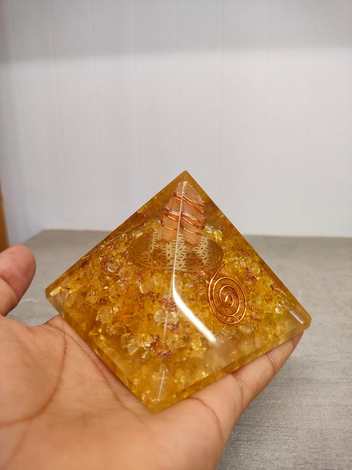 Citrine Orgone Pyramid for Success & Motivation | Orgonite Pyramid with Copper Coil & Clear Quartz for Chakra Protection & Positive Energy
