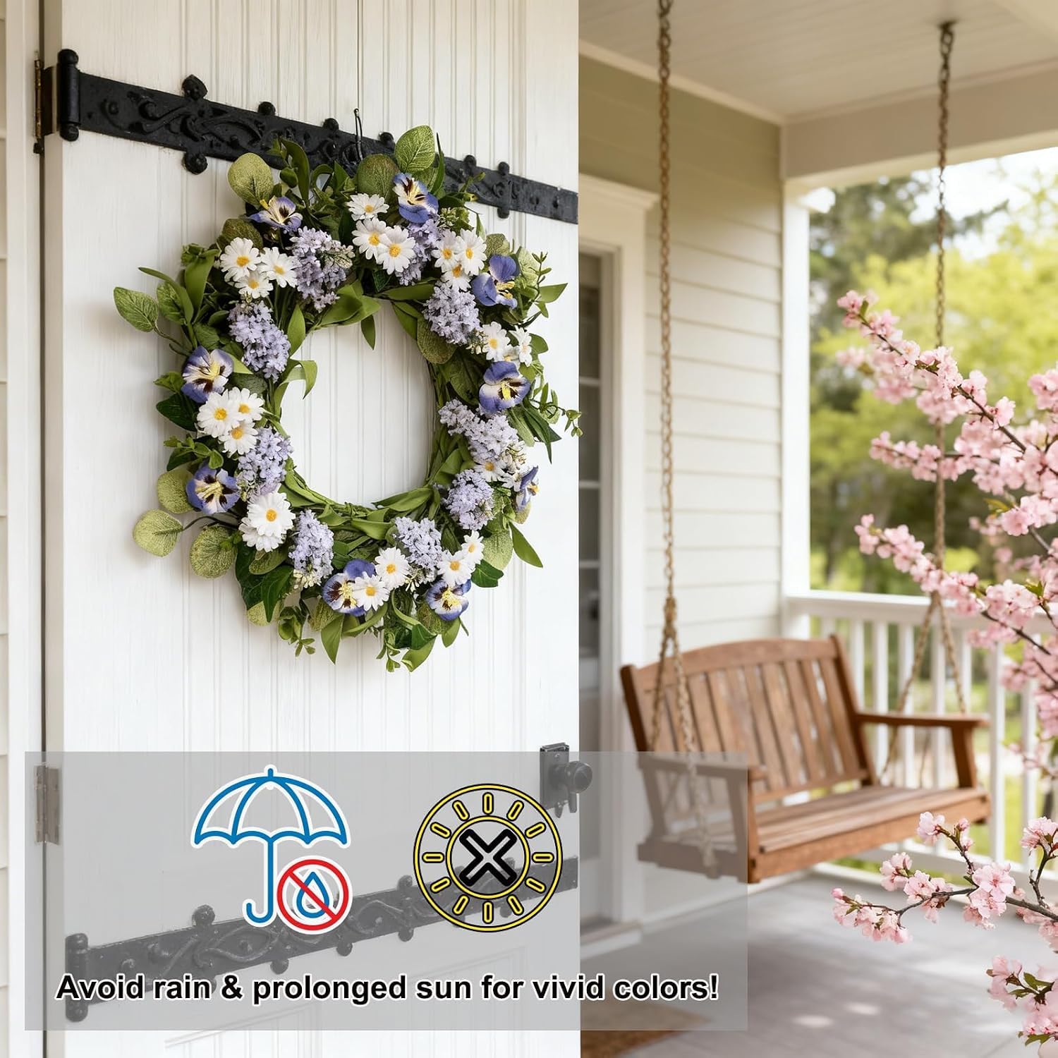 20 Inch Purple Artificial Lilac Daisy Pansy Wreath - Floral Wreath with Greenery for Front Door Wall Window, Spring Summer Indoor Outdoor Decor