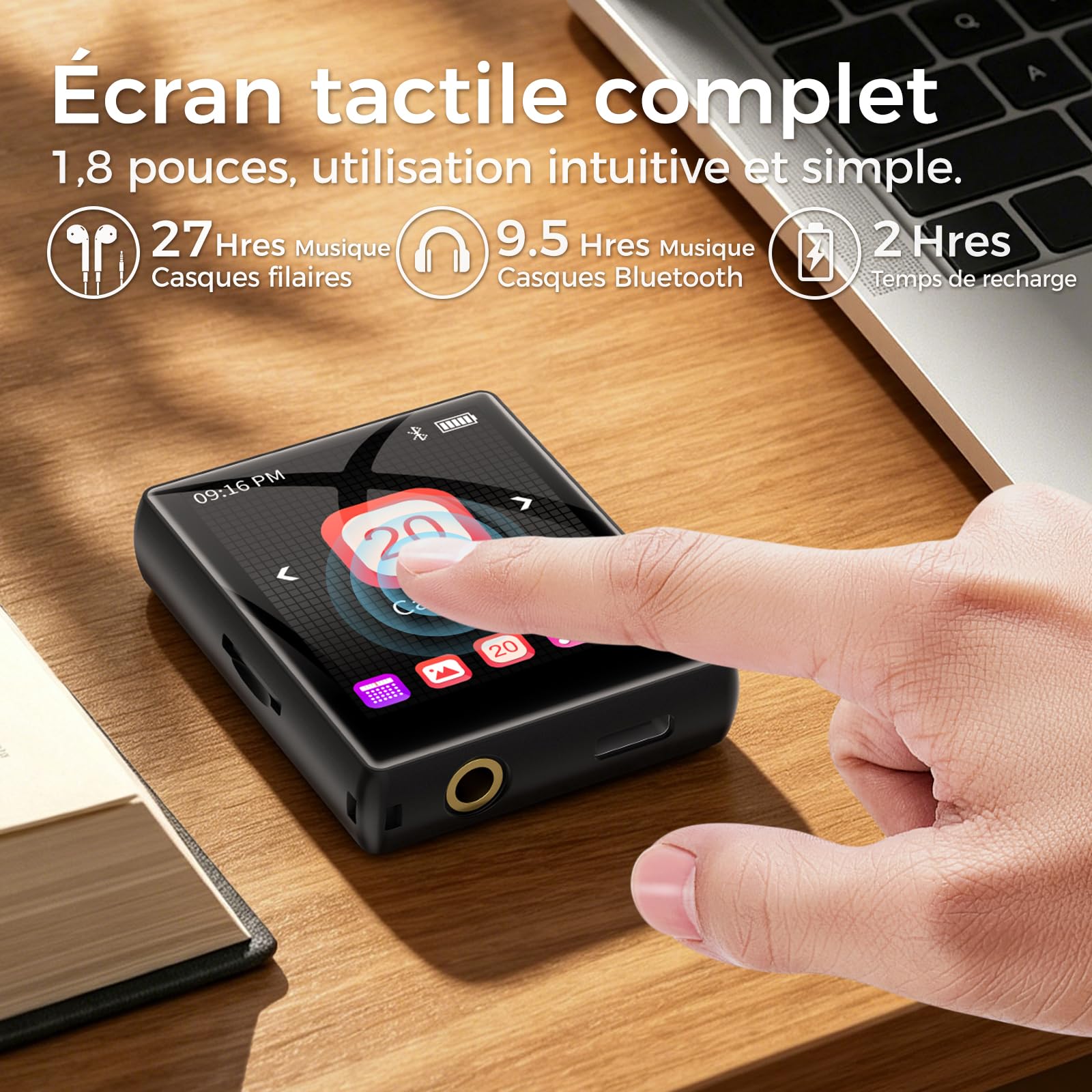 64 Go Lecteur MP3 avec Bluetooth 5.3, Mini Lecteur MP3 avec écran Tactile de 1,8 Pouces, Haut-Parleur, Son HiFi, Radio FM, Lecteur de Livres électroniques, enregistreur, jusqu'à 128 Go (Noir, 55 g)