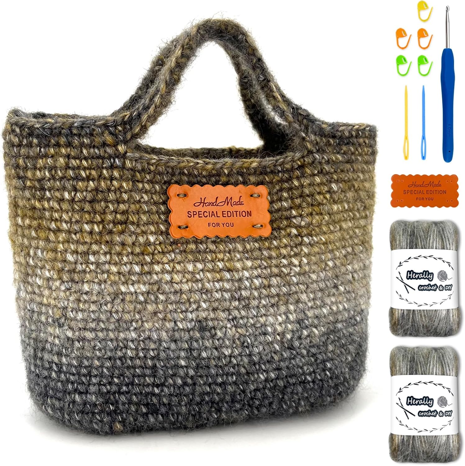 Herally Crochet Kit DIY Bag for Beginners - Include Yarn, Hook and Accessory - with Step by Step Video Tutorials - Crochet Picotin Bag Brown
