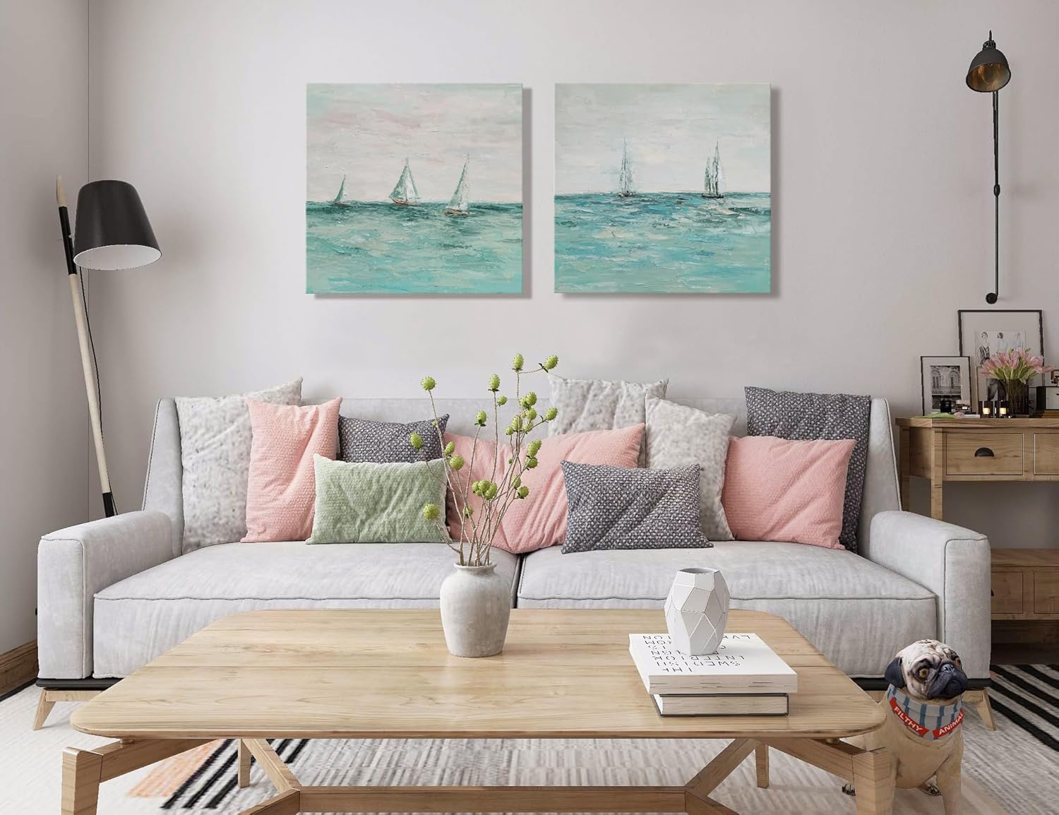 BATRENDY ARTS Turquoise Ocean Wall Art Sailboat on the Sea Teal Seascape Painting Picture for Bedroom Decor