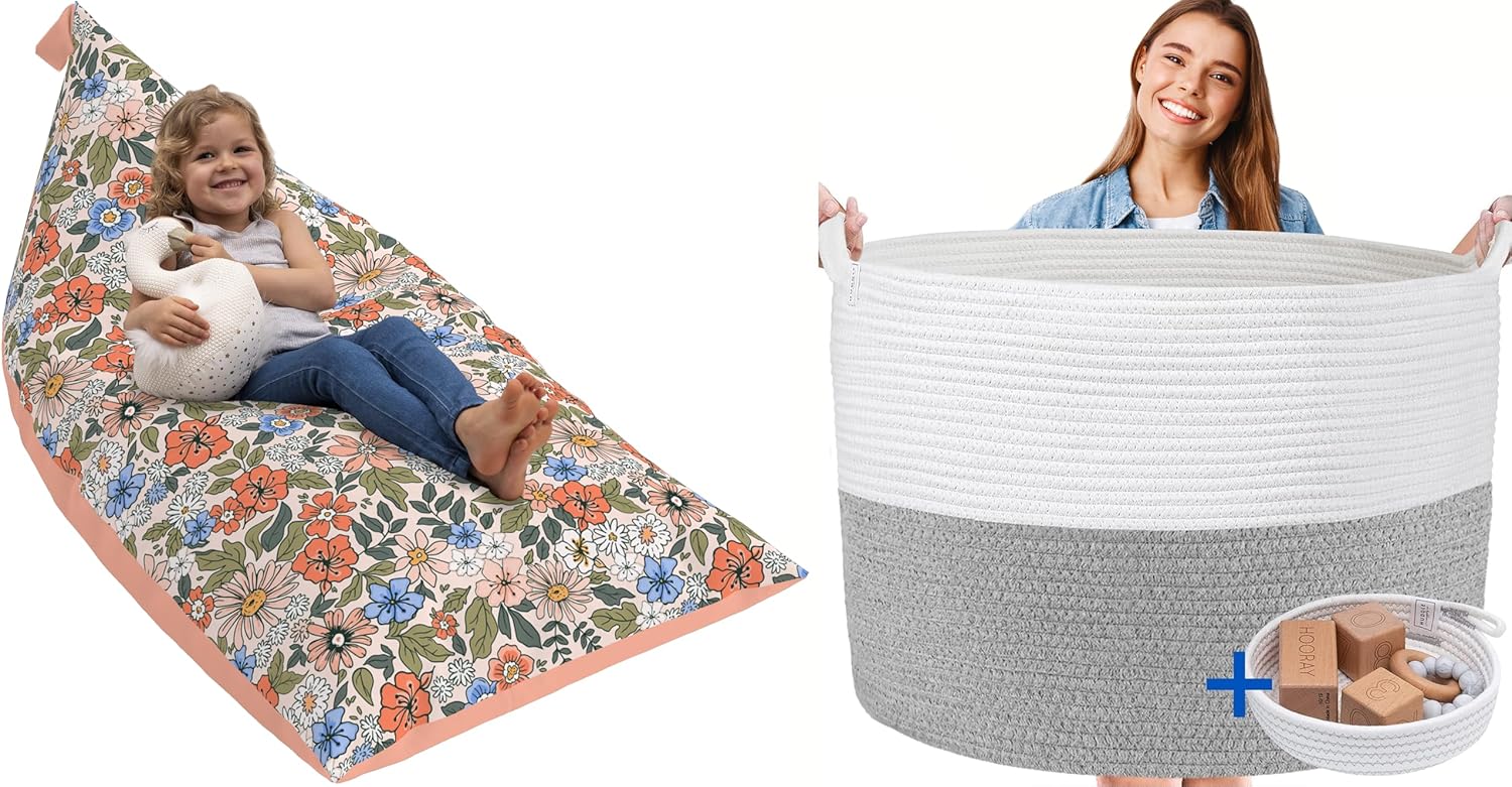 Huddle Supply Co Stuffed Animal Storage Bundle - Stuffed Animal Bean Bag + XXXL Woven Basket for Blankets, Toys Grey and White Storage Bundle- Designer Storage for Modern Kids Room