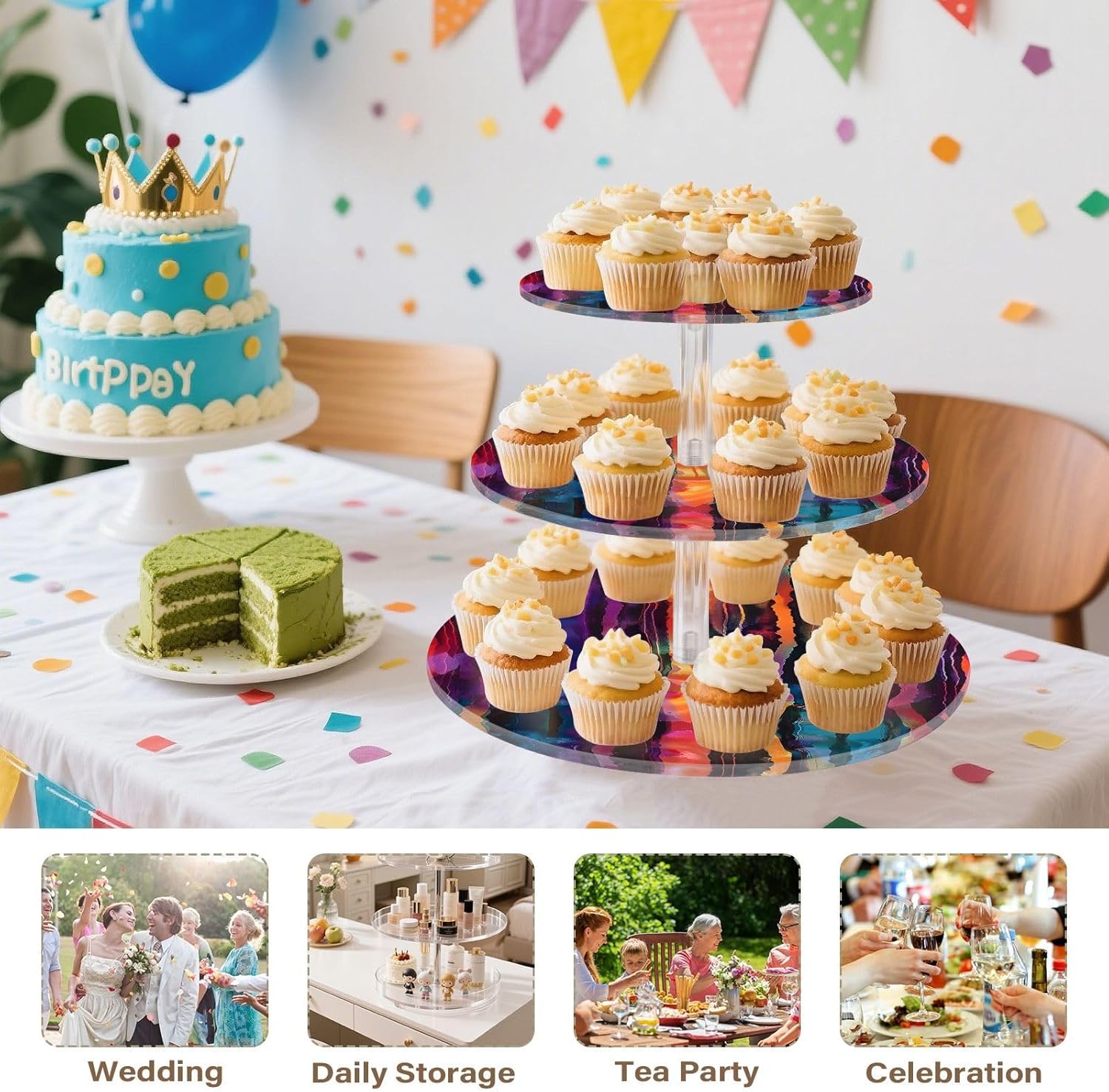 3 Tier Cupcake Stand Uniqu Space Dyed Acrylic Tower Tiered Tray Stand for Wedding Birthday Party Decoration