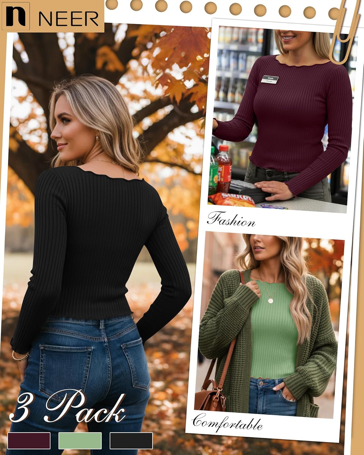 Neer 3 Pack Women's Crop Tops Long Sleeve Cotton Boat Neck Shirts Lettuce Trim Ribbed Slim Fit Casual Basic Tees - Image 2