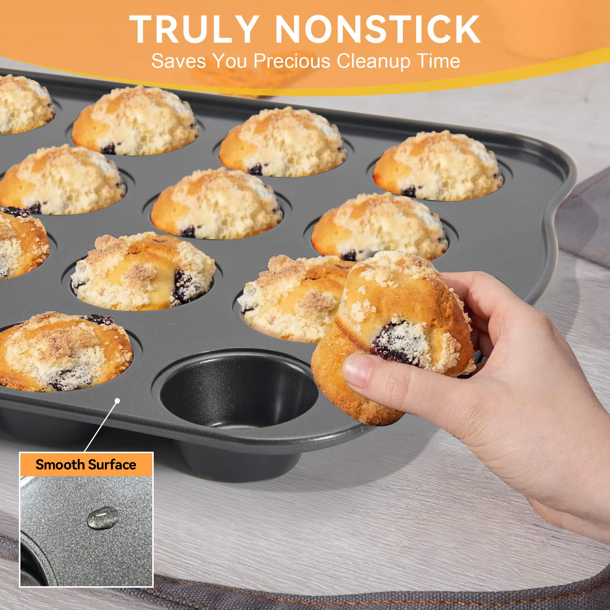Mini-Muffinform für 24 Muffins, 2 Stück, Mini-Cupcake-Formen, antihaftbeschichtet, Schnellverschluss-Beschichtung, PTFE-frei und spülmaschinenfest, Grau