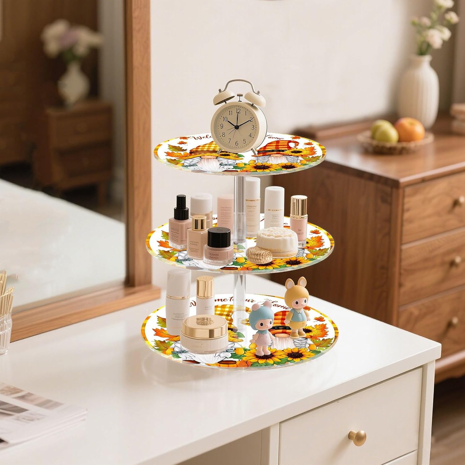 Tea Party Cupcake Stand 3 Tier Warm Gnomes Autumn Sunflower Display Cupcake Tower Custom Wedding Serving Donut Stands for Dessert Holder Table Displays