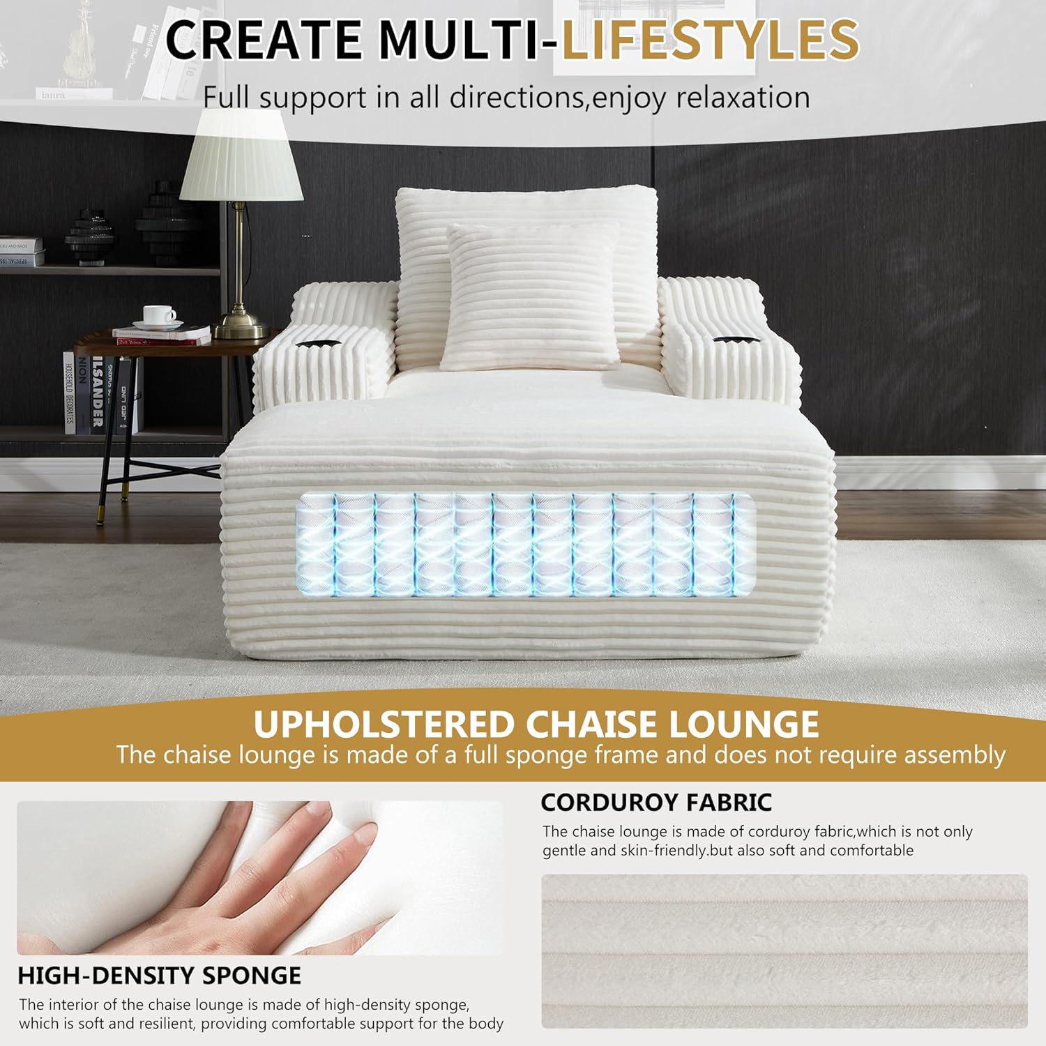 Chaise Lounge Sofa Chair Indoor, Oversized Corduroy Upholstered Boneless Sofa Bed, Deep Seat Sleeper Couch Reading Chair for Living Room, No Assembly Required (White)