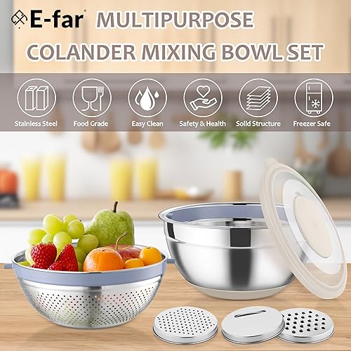 Miniatura 7 de E-far Colador con juego de tazones para mezclar, cuenco de colador de acero inoxidable 4-1 con ralladores para cocina, cuenco giratorio de colador