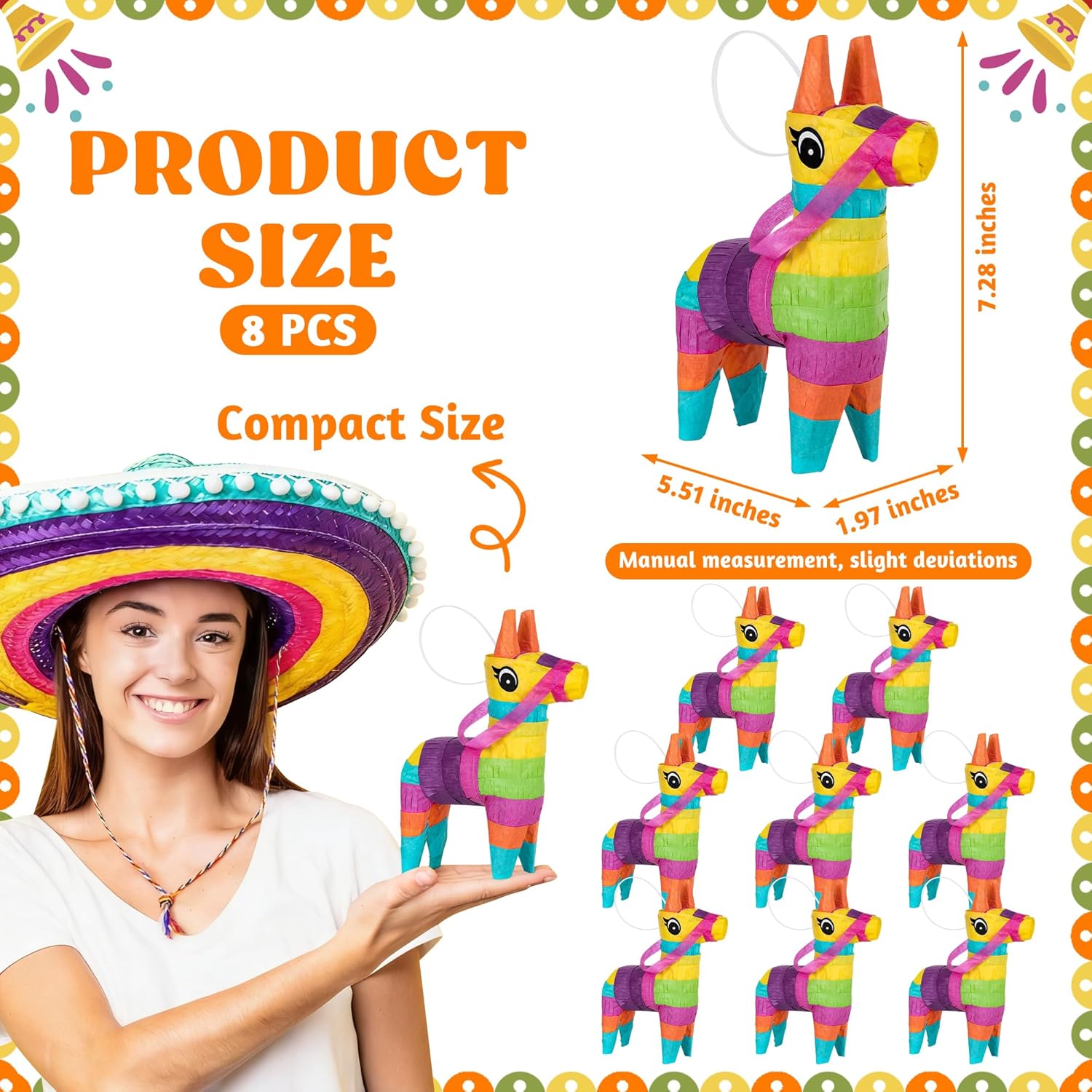 8 PCS Mini Cinco de Mayo Pinatas, 5.51 x 1.97 x 7.28 Inches Cinco de Mayo Decorations, Colorful Donkey Mexican Fiesta Party Decorations, Donkey Pinata for Table Home Office Taco Tuesday Event